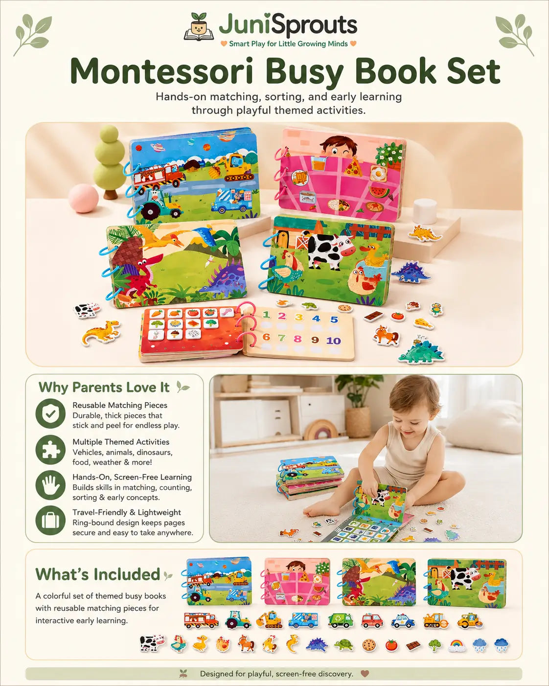 Montessori busy book set with four themed matching books — farm animals, dinosaurs, vehicles and food — an interactive quiet book for ages 3 and up.