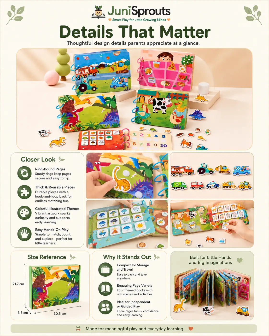 Close-up details of the Montessori busy book set — ring-bound board pages and soft-edged velcro pieces, with care and age guidance for ages 3 and up.
