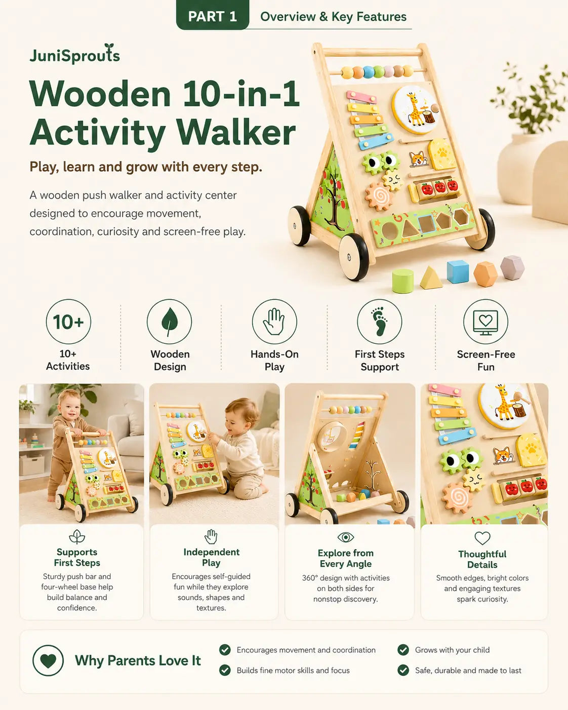 Wooden 10-in-1 activity walker for toddlers ages 1 and up, a Montessori-inspired push walker with shape sorter, xylophone, drum and spinning gears.