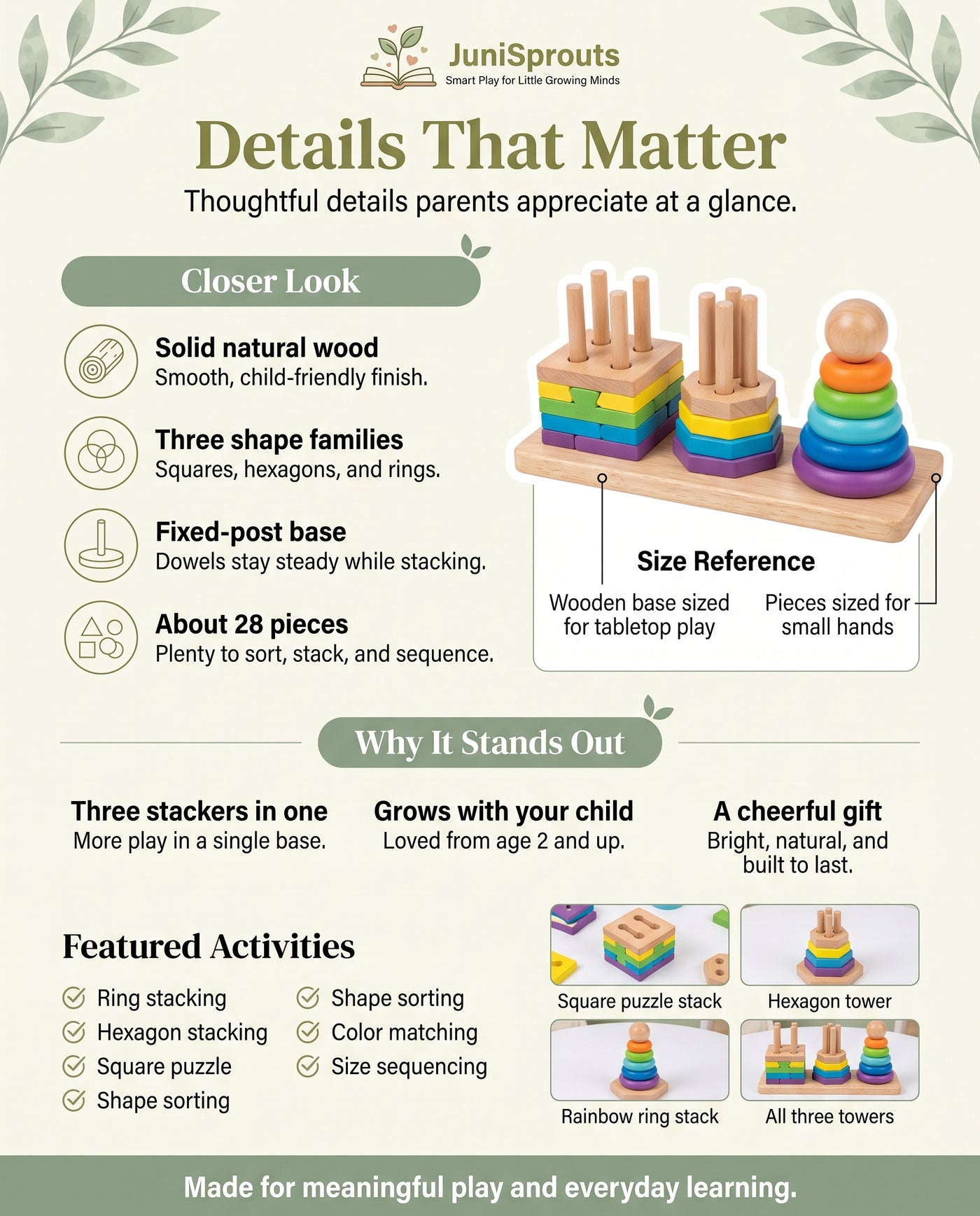 Wooden 3-in-1 Geometric Stacker details, size reference and featured activities