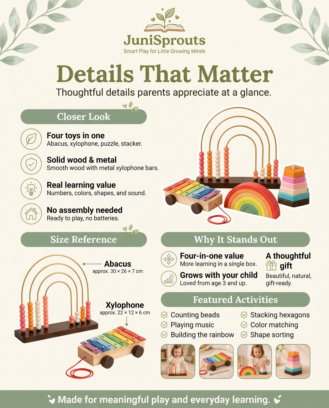 Wooden 4-in-1 Learning Bundle details and size reference