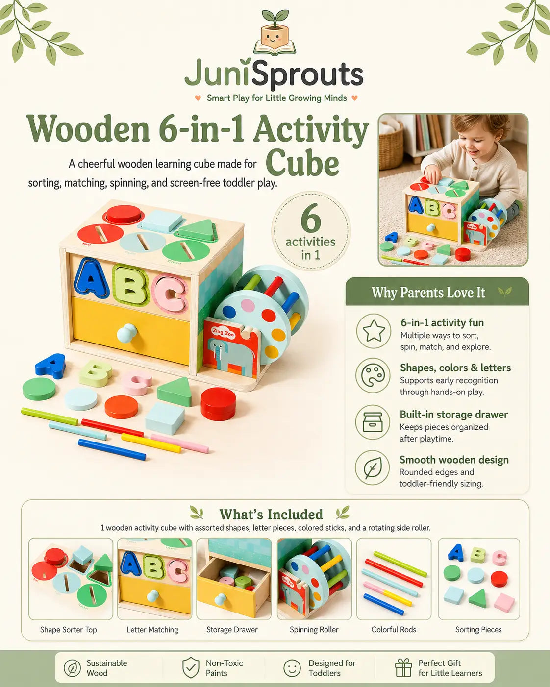 Wooden 6-in-1 activity cube with shape sorter, color coin slots, ABC letter puzzle and rainbow drum, a Montessori toy for toddlers ages 1 and up.