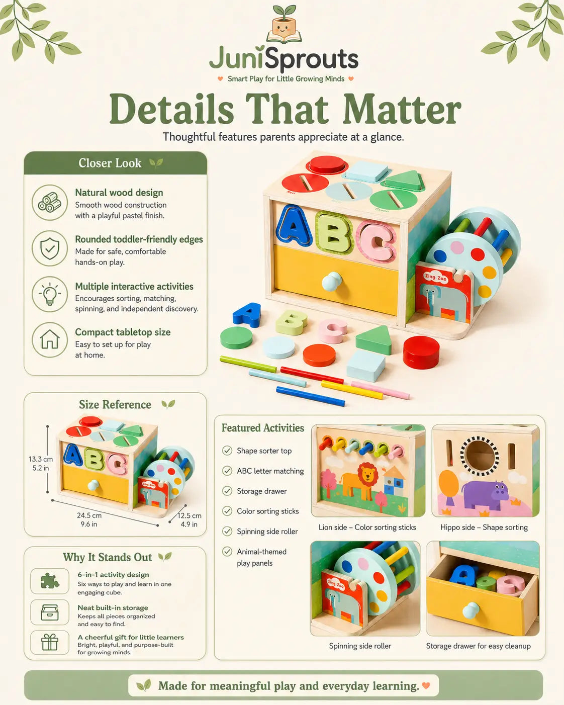 Close-up details of the wooden 6-in-1 activity cube — solid wood build, painted finish and pull-out storage drawer, with care and age guidance for ages 1+.