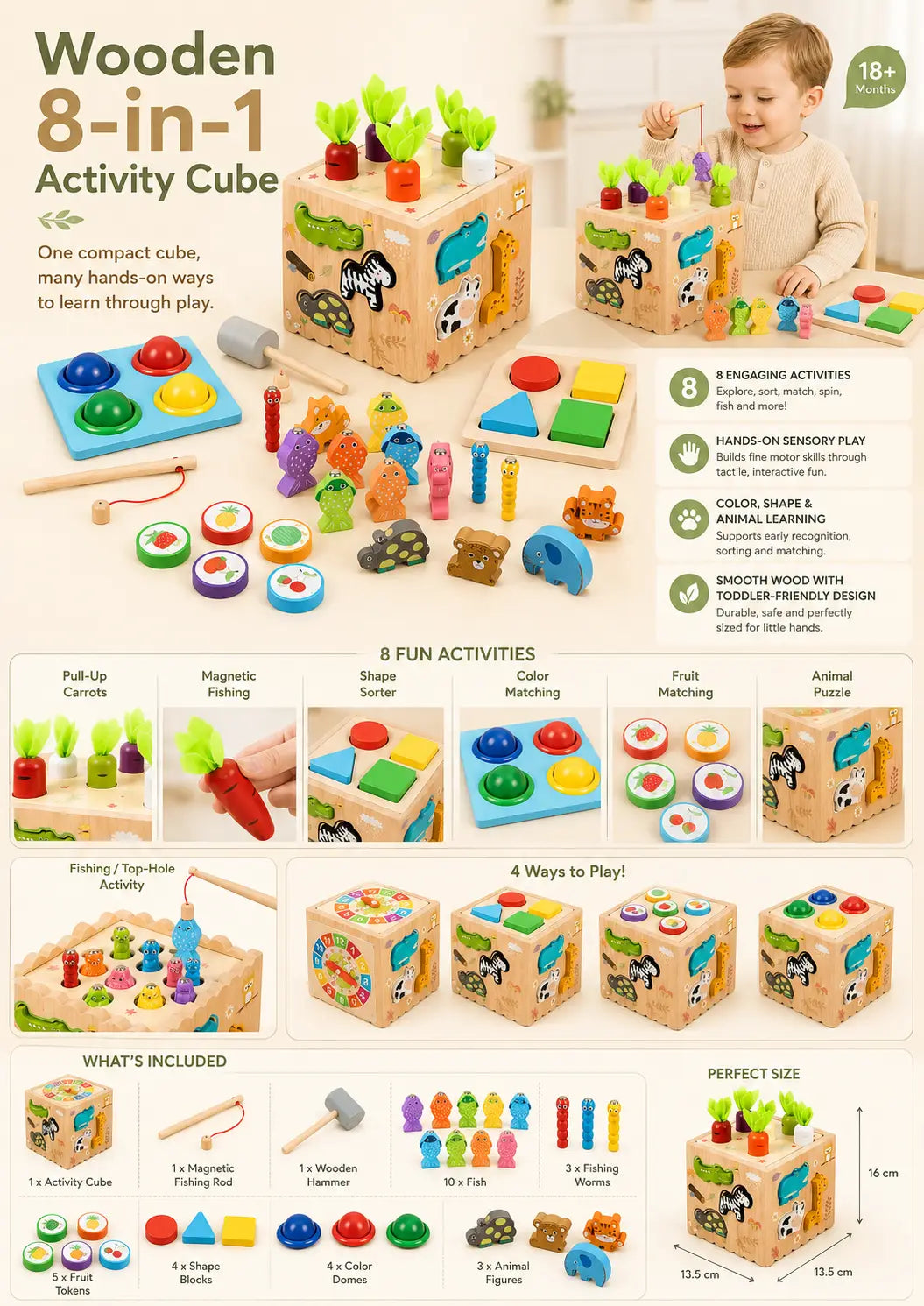 Wooden 8-in-1 activity cube with animal shape sorter sides and swappable tops for carrot harvest, shapes, clock, whack-a-mole, memory and magnetic fishing.