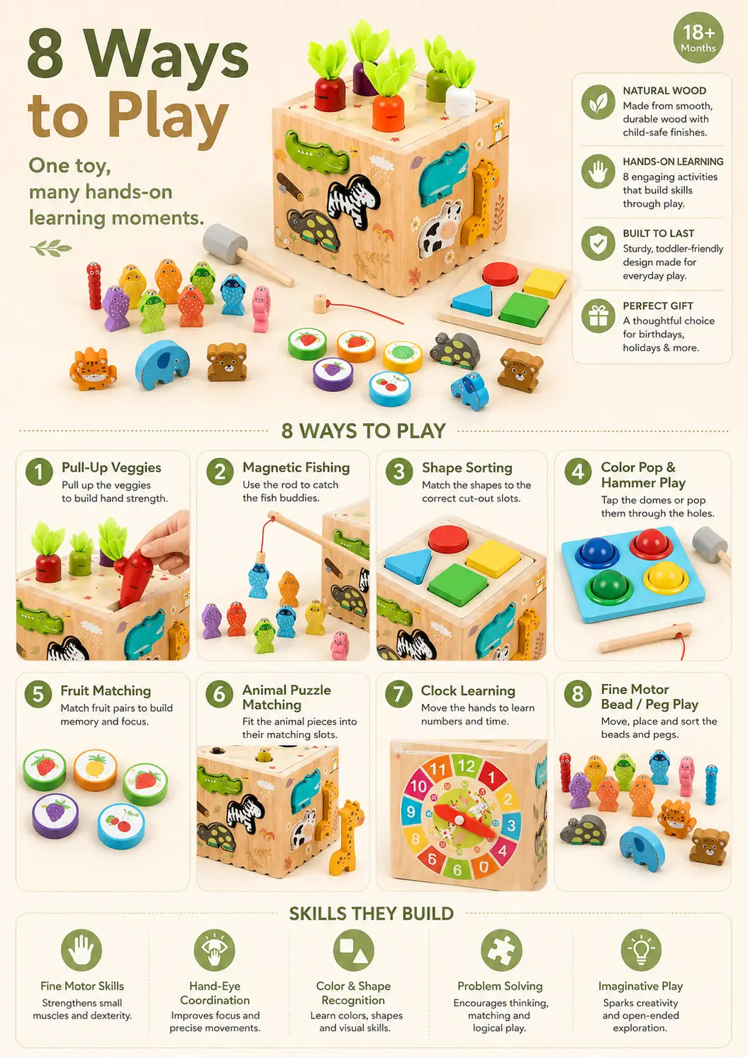 Toddler sorting animals and harvesting carrots on the wooden activity cube, supporting fine motor skills, vocabulary and memory play for ages 2 and up.