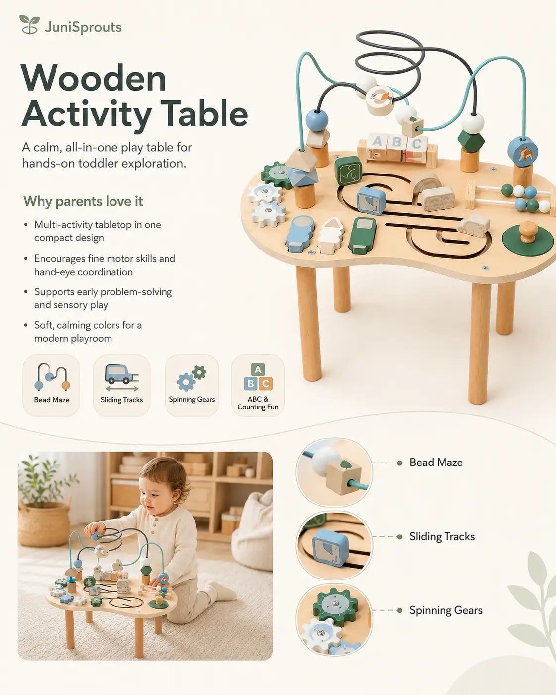 Wooden activity table with bead maze, spinning gears, rotating ABC animal blocks and mini abacus, a Montessori-inspired toy for toddlers ages 1 and up.