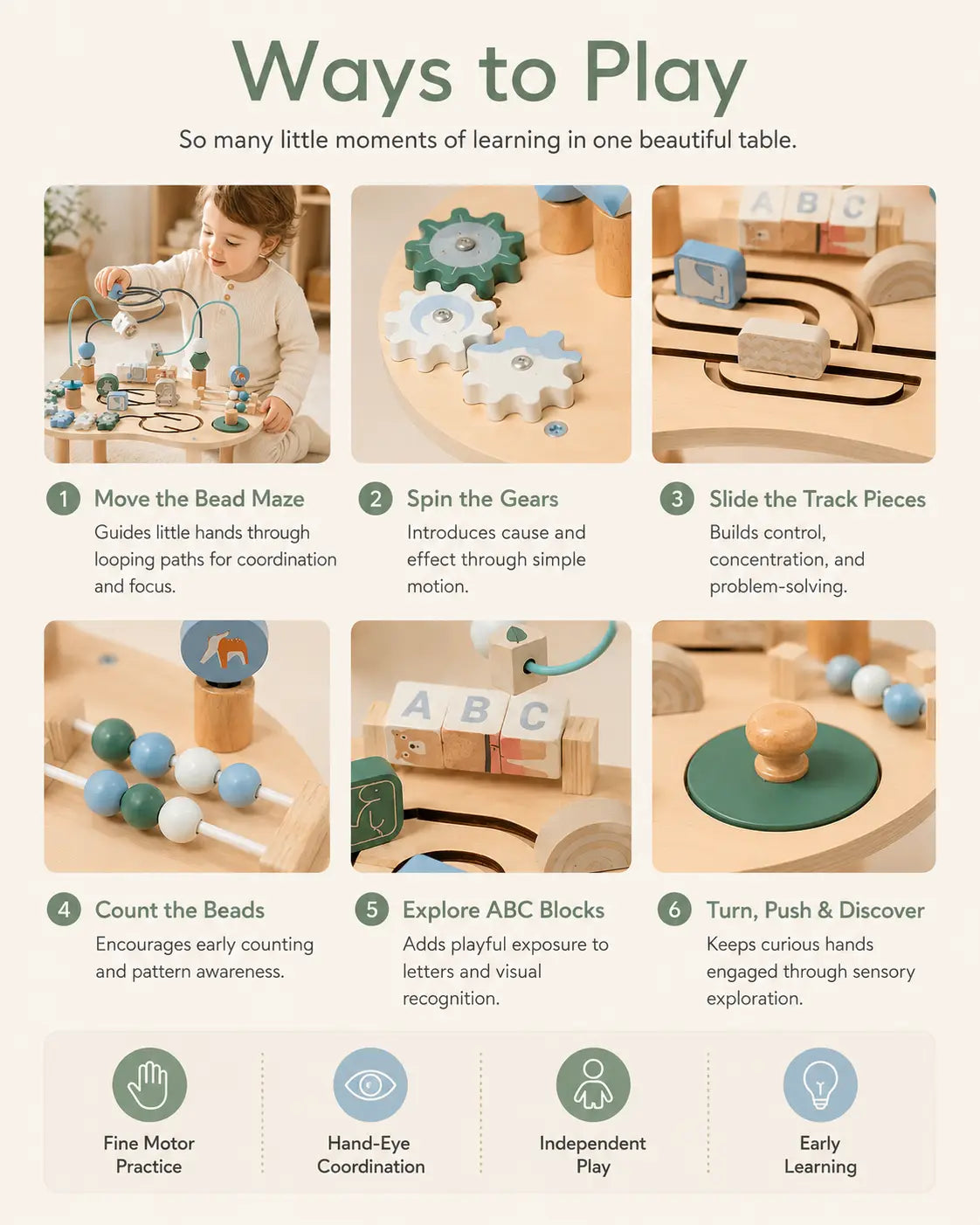 Toddler sliding beads and turning gears at the wooden activity table, supporting fine motor skills, shape and color recognition and early letters, ages 1+.