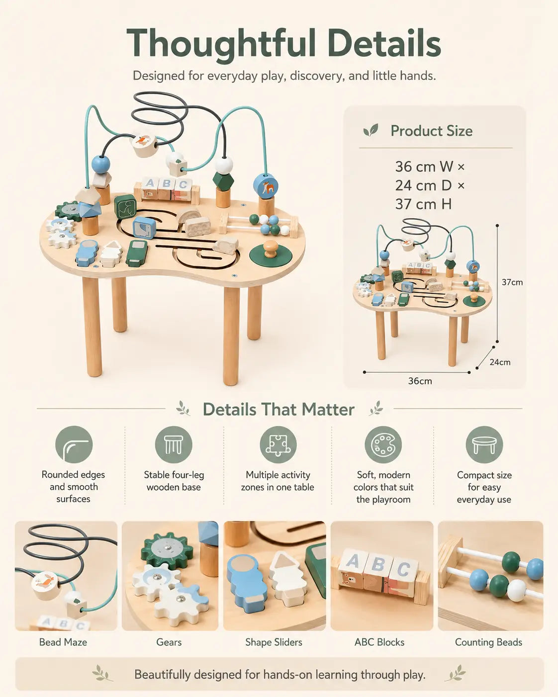Close-up details of the wooden activity table — solid wood build, sage and dusty blue painted finish and lap-height legs, with care and age guidance.