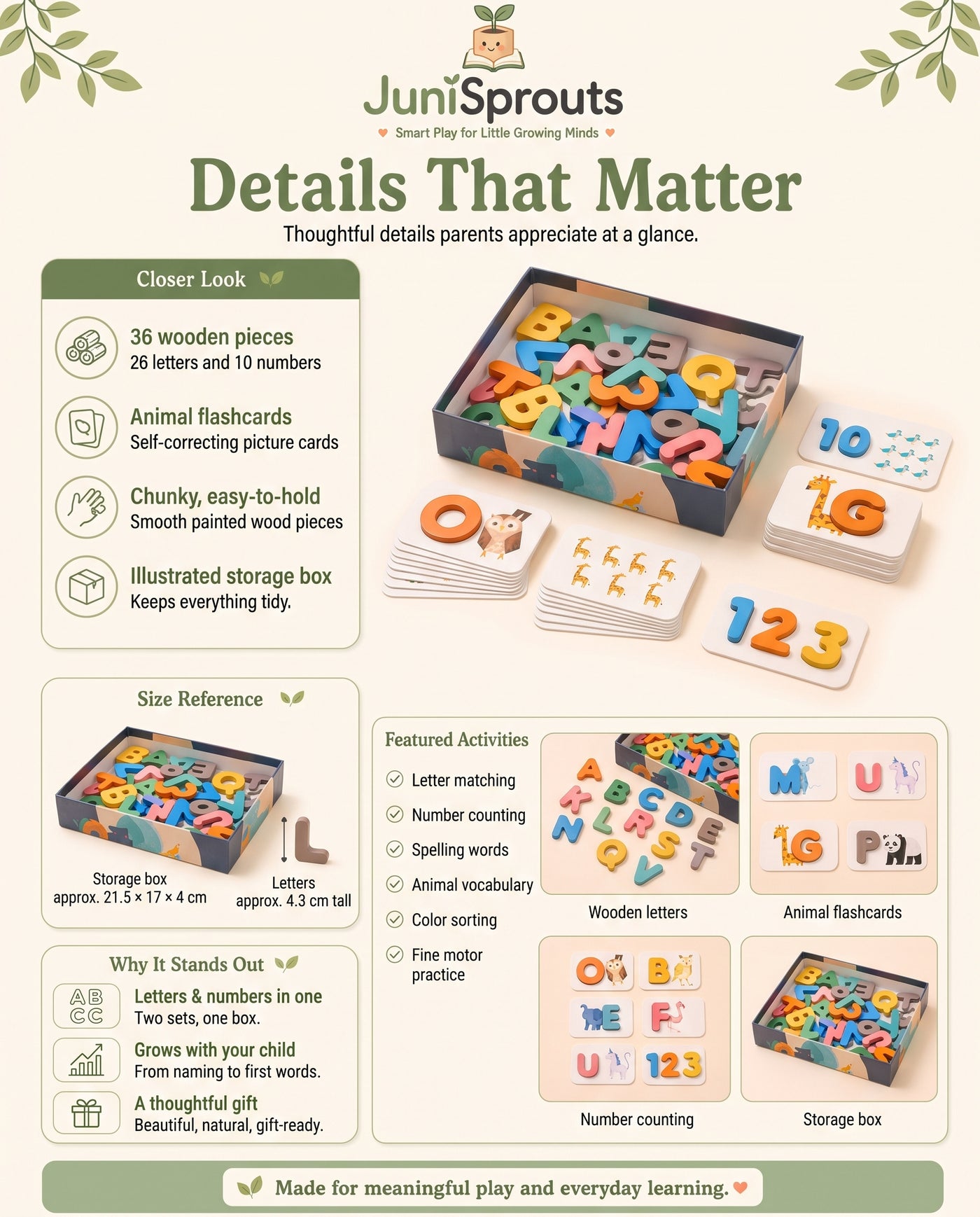 Wooden Alphabet & Numbers Flashcards details and size reference