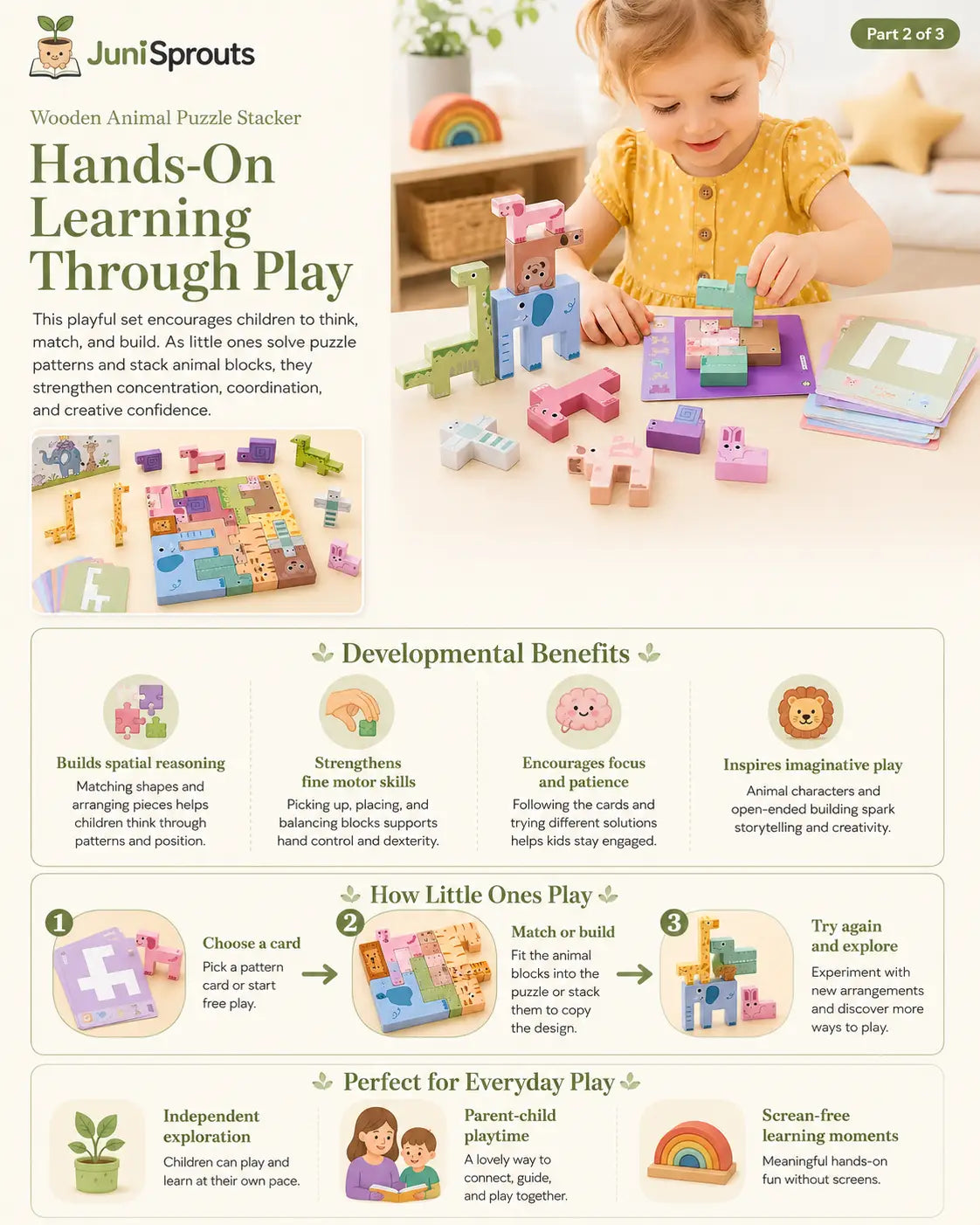 Child fitting wooden animal blocks into the puzzle board and stacking balance towers, supporting logic, spatial reasoning and patience, ages 4 and up.