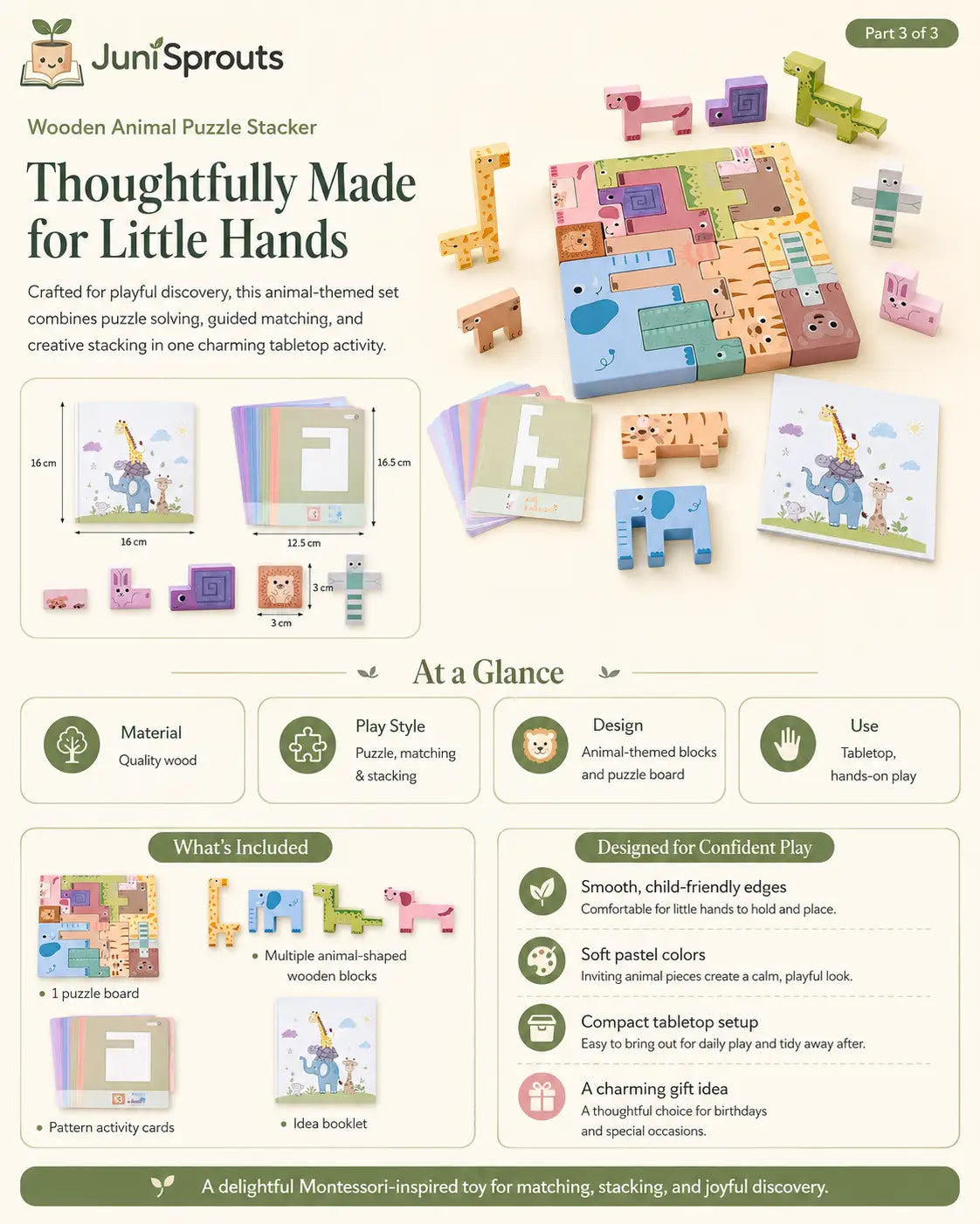 Close-up details of the wooden animal puzzle stacker — solid wood blocks in pastel tones, puzzle board and challenge cards, with care and age guidance 4+.