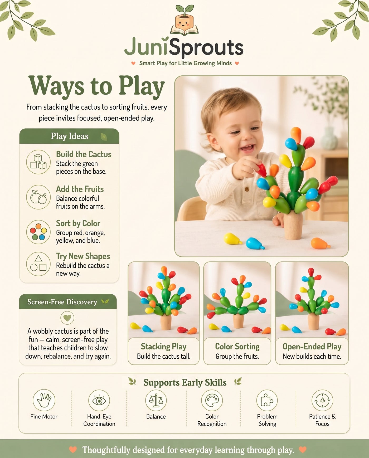 Wooden Balancing Cactus Stacking Toy ways to play and early skills