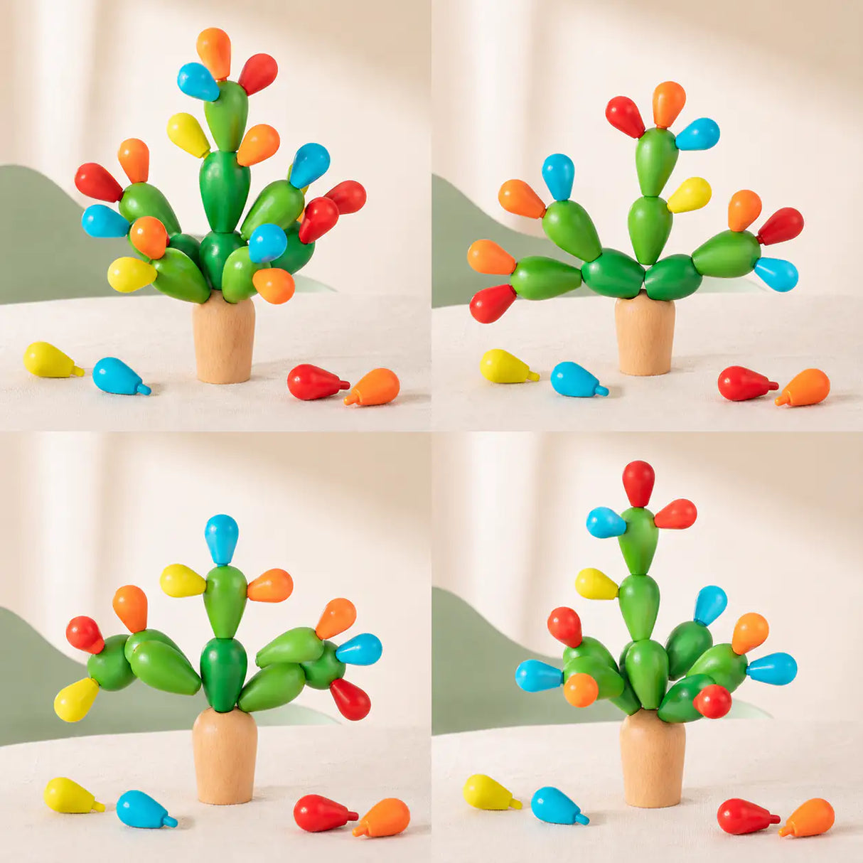 Balanced wooden cactus tower with sorted red, orange, yellow and blue fruits in place