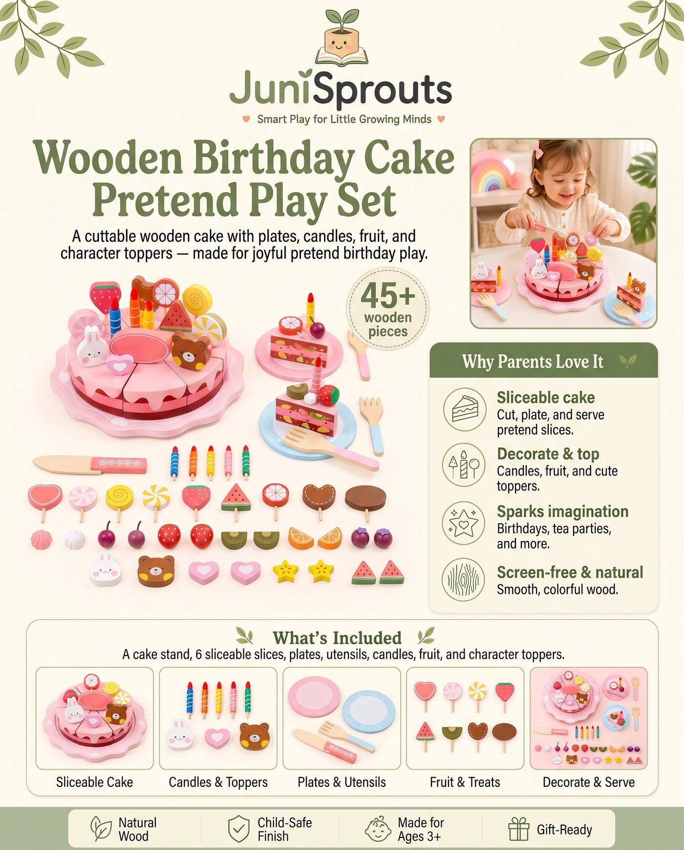 Wooden Birthday Cake Pretend Play Set overview and what's included