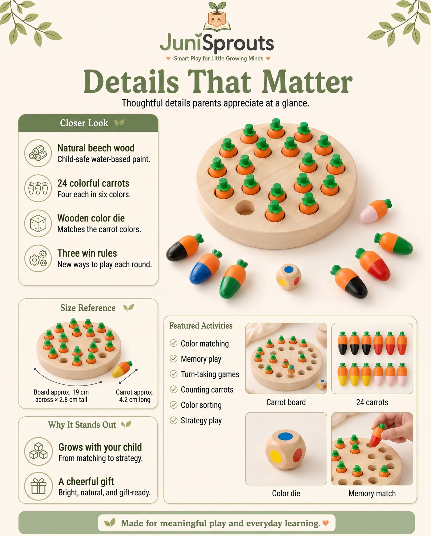 Wooden Carrot Memory Game details and size reference