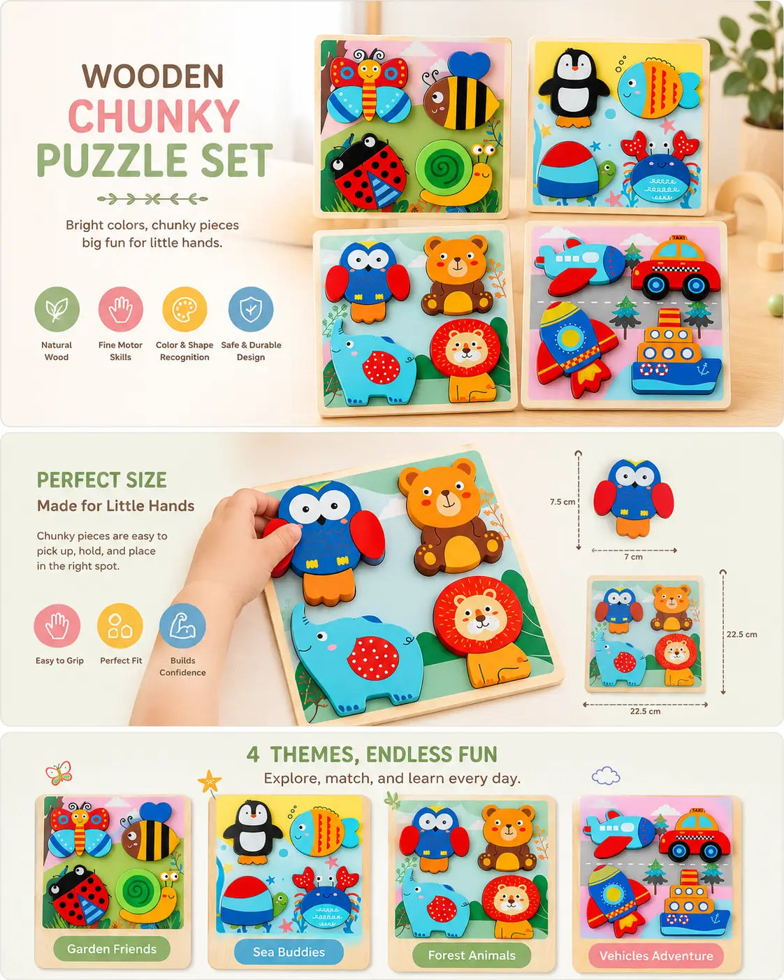 Wooden chunky puzzle set with 4 gift-boxed boards — garden bugs, ocean animals, forest friends and vehicles — a first puzzle toy for ages 2 and up.