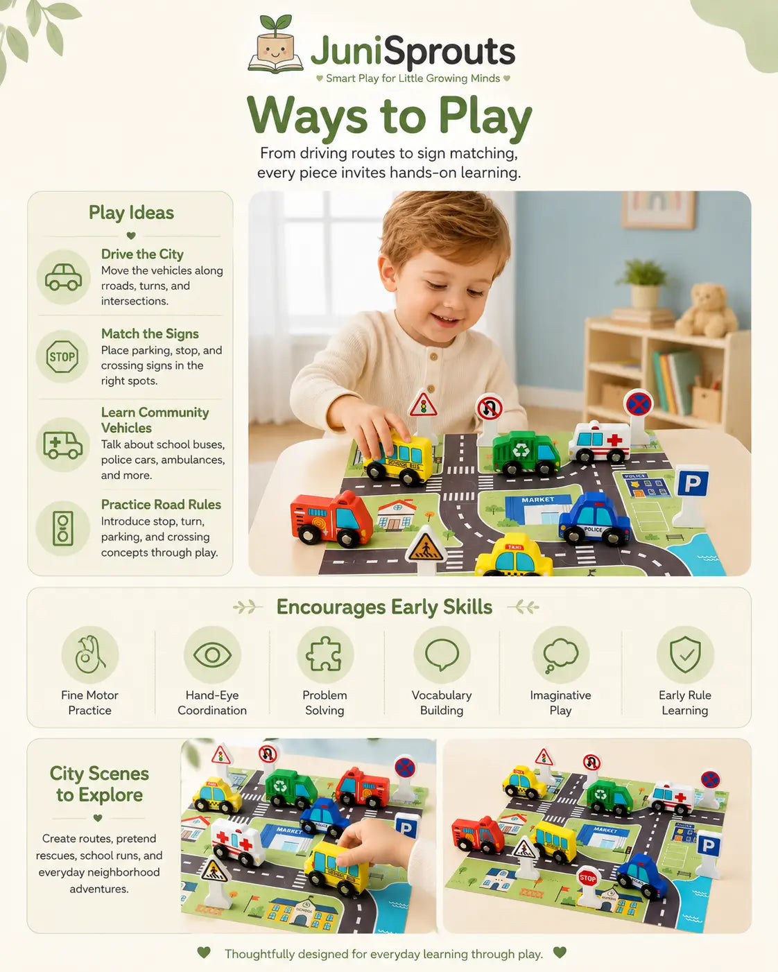 Child driving wooden vehicles along the printed city roads, supporting pretend play, fine motor skills, storytelling and traffic awareness, ages 4 and up.
