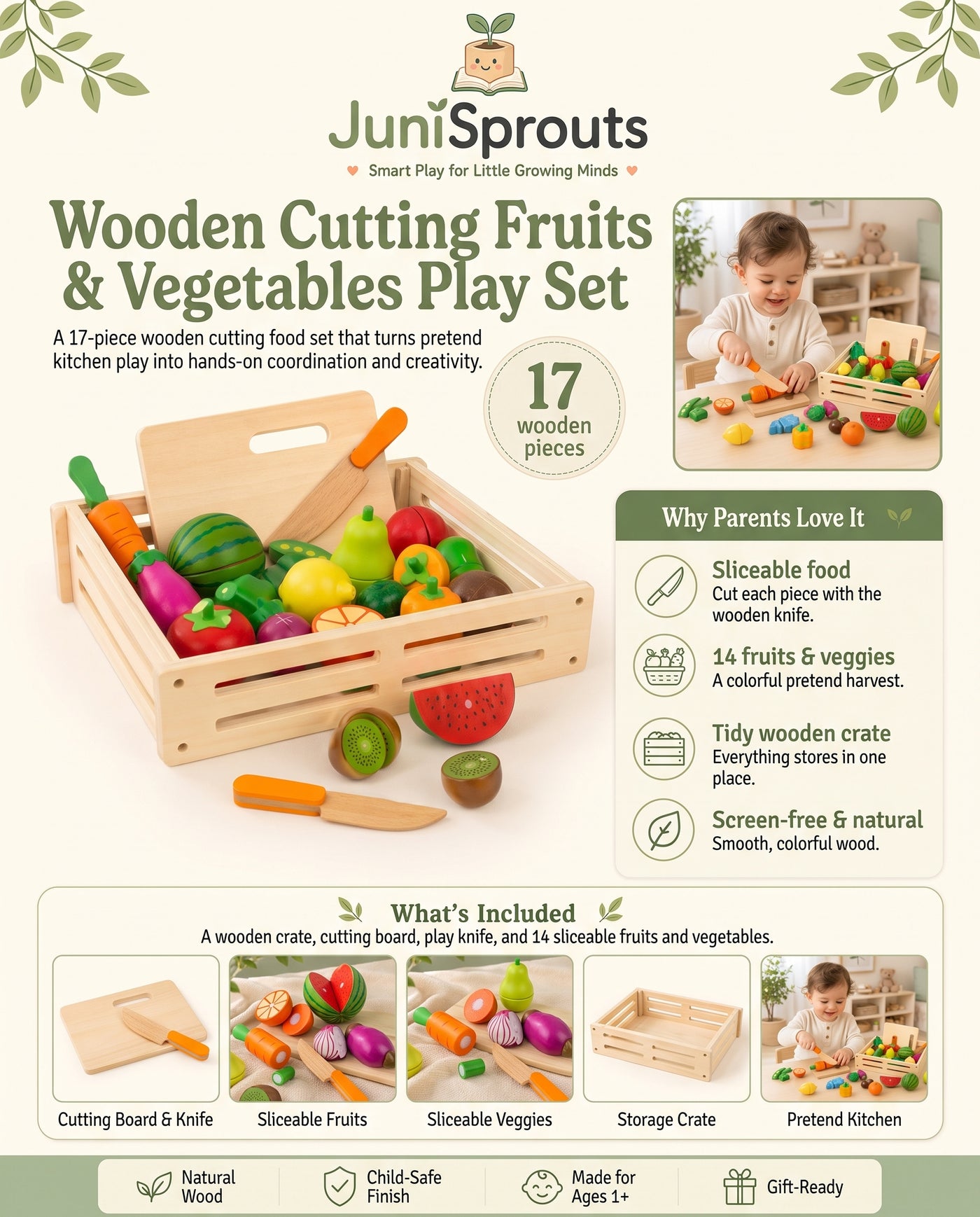 Wooden Cutting Fruits & Vegetables Play Set overview and what's included