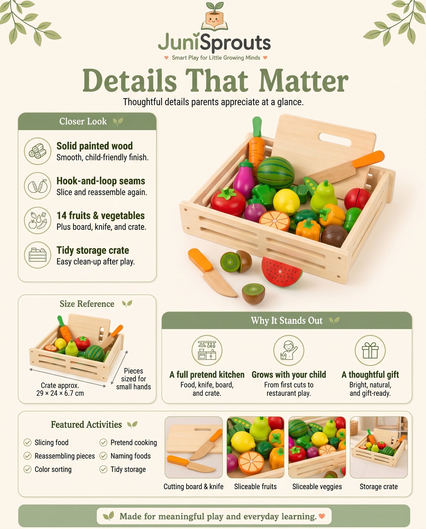 Wooden Cutting Fruits & Vegetables Play Set details and size reference