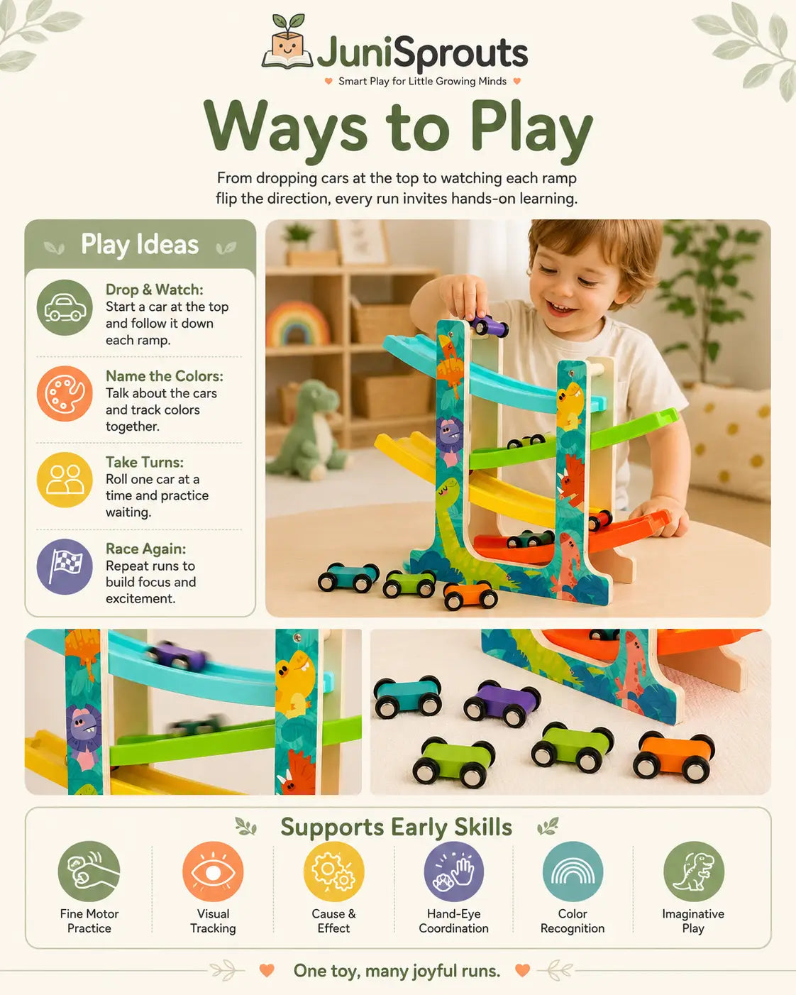 Child releasing a mini car down the wooden dinosaur ramp racer, supporting hand-eye coordination, cause and effect and focus for ages 3 and up.