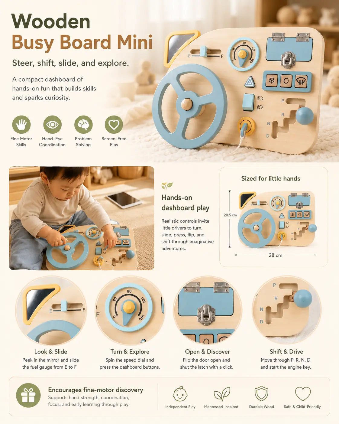 Wooden driving busy board with steering wheel, ignition key, gear shifter, glove box and dashboard dials, a Montessori pretend play toy for ages 2 and up.