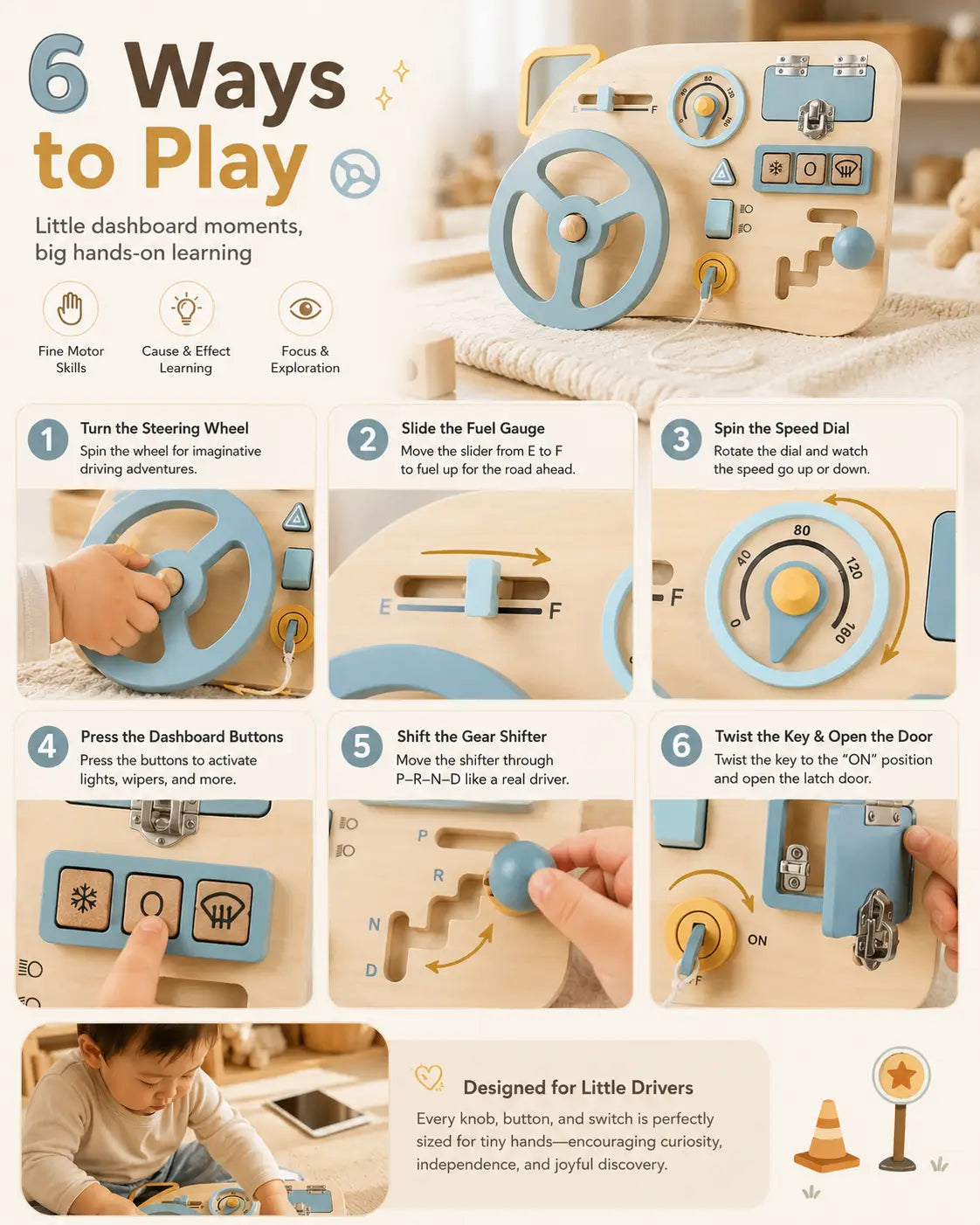 Toddler turning the steering wheel and ignition key on the wooden driving board, supporting fine motor skills, pretend play and vocabulary, ages 2 and up.