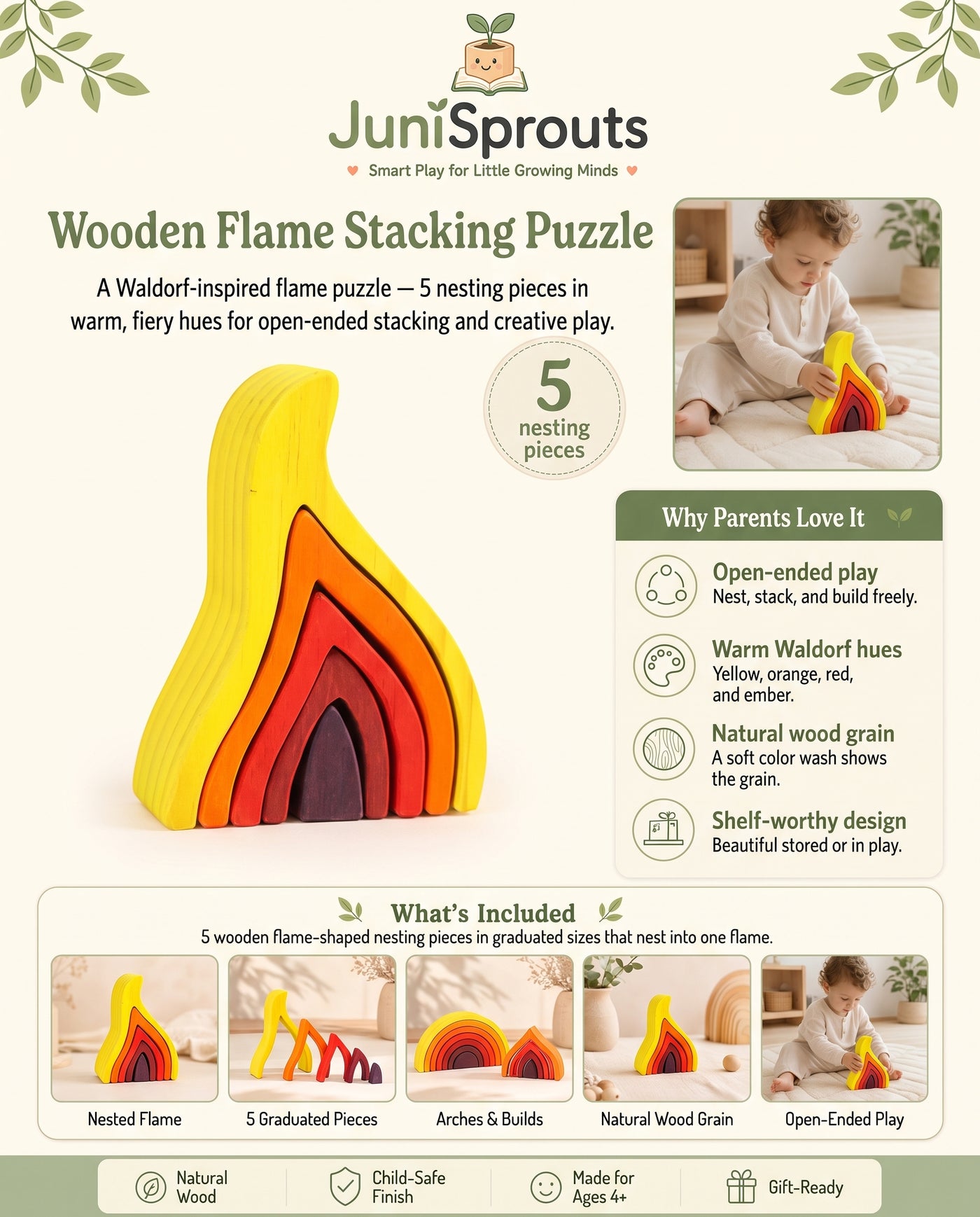 Wooden Flame Stacking Puzzle overview and what's included