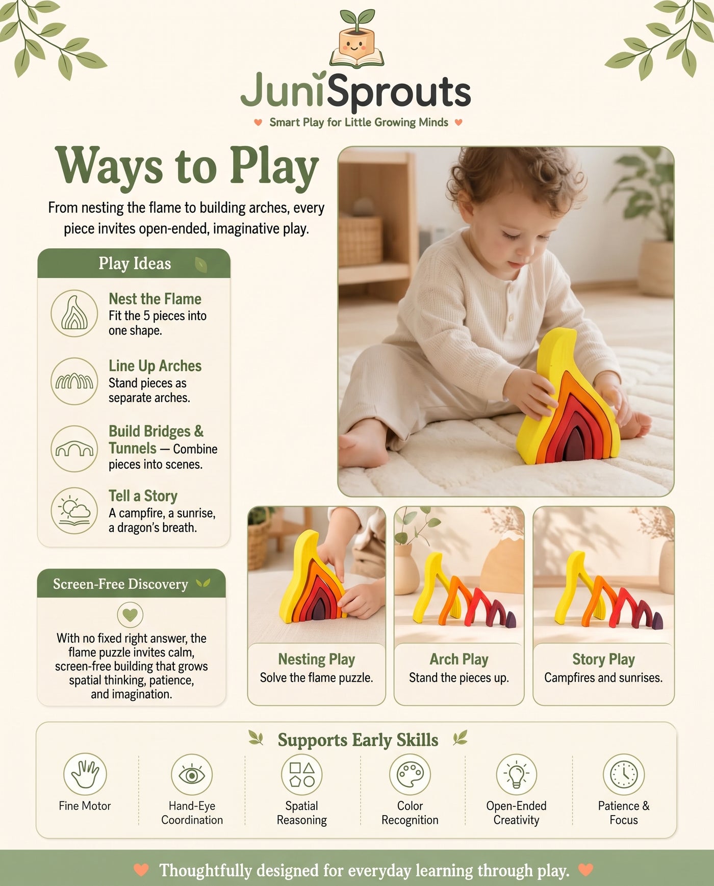 Wooden Flame Stacking Puzzle ways to play and early skills