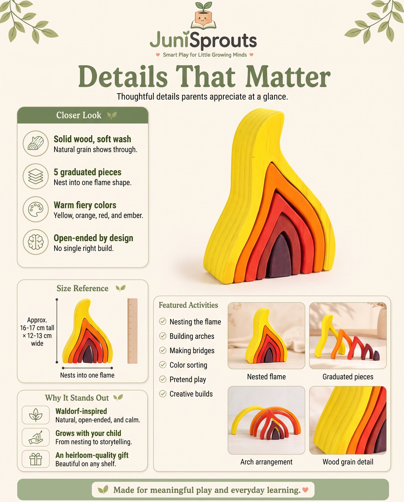 Wooden Flame Stacking Puzzle details and size reference