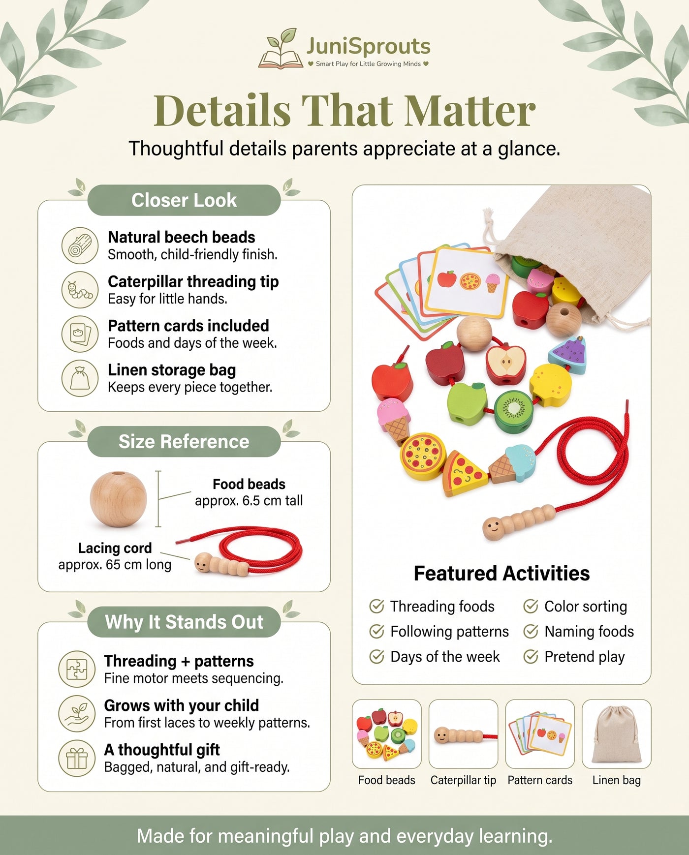 Wooden Food Lacing Set details and size reference