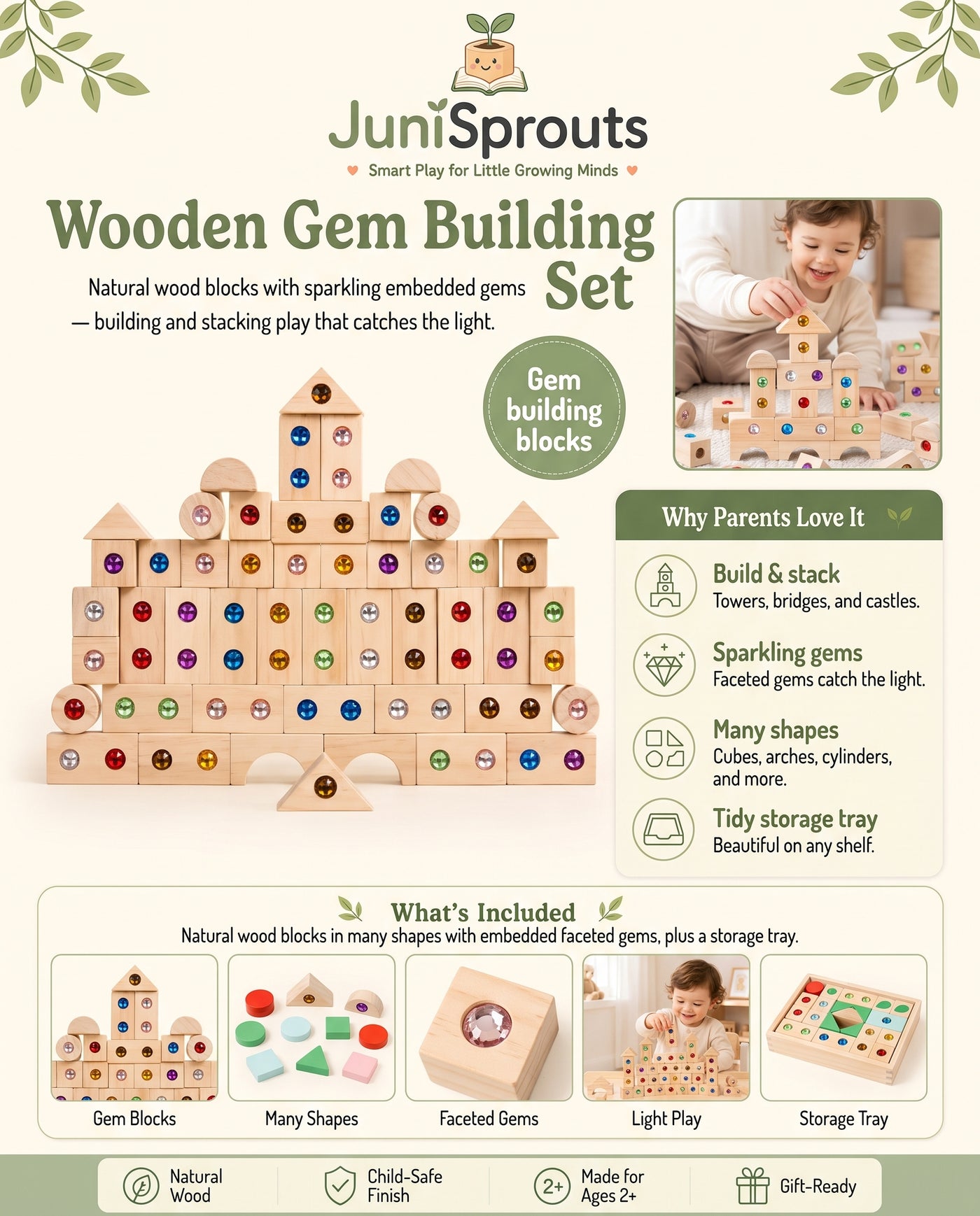 Wooden Gem Building Blocks Set overview and what's included