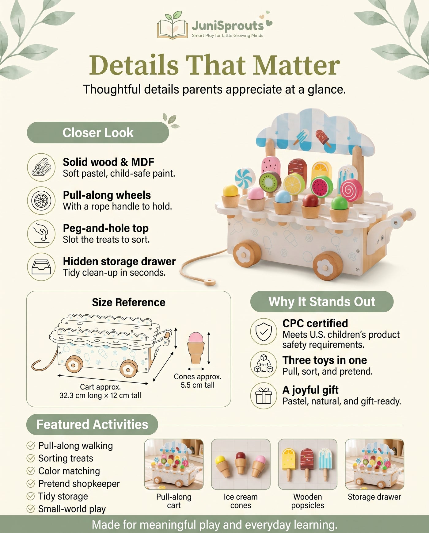 Wooden Ice Cream Cart Pull-Along Toy details and size reference
