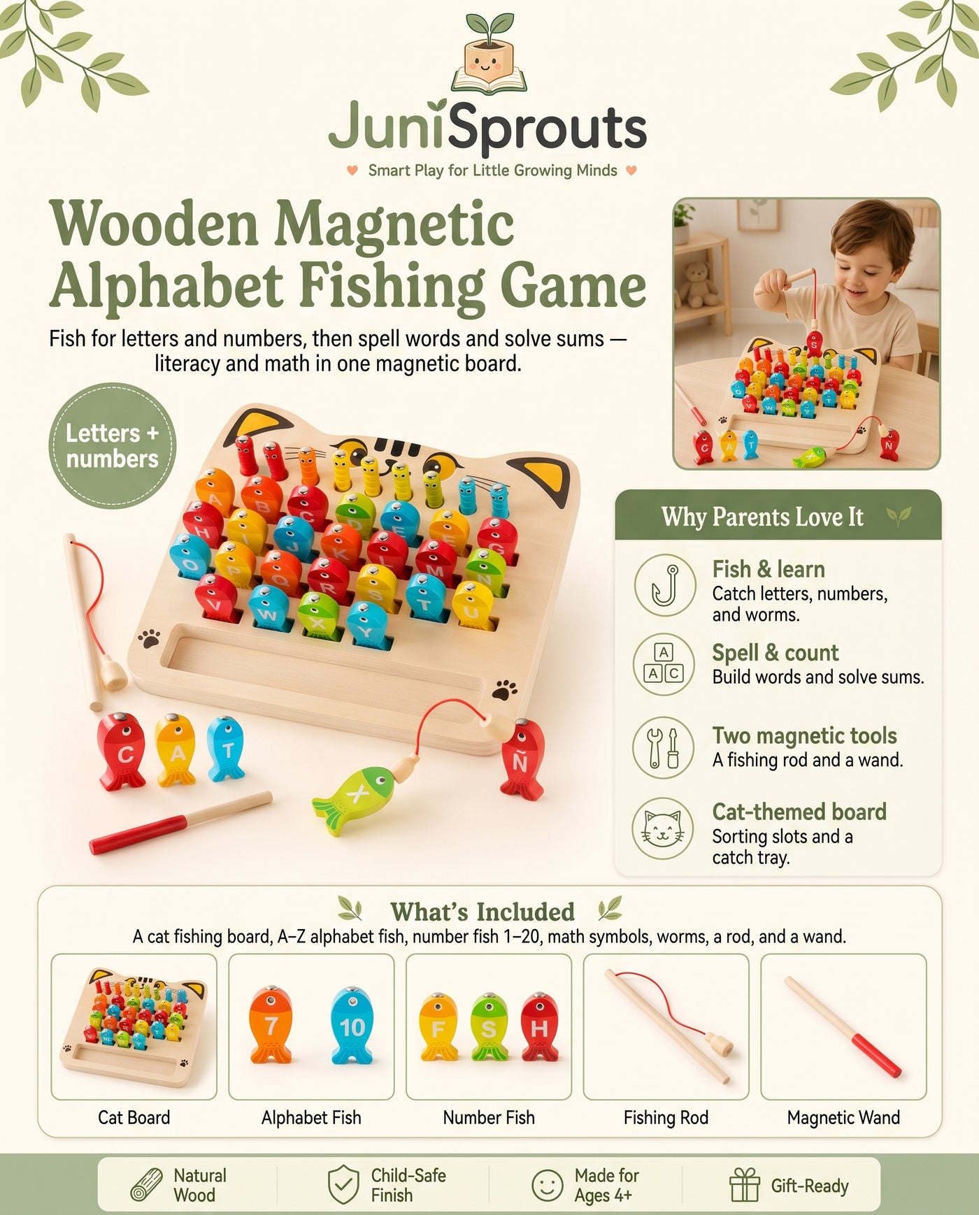 Wooden Magnetic Alphabet Fishing Game overview and what's included