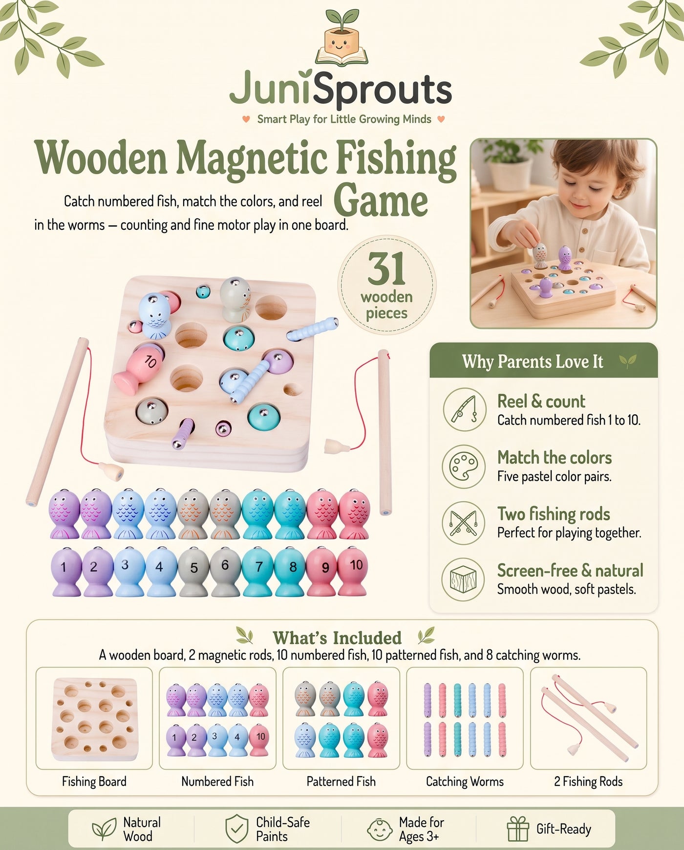 Wooden Magnetic Fishing Game overview and what's included