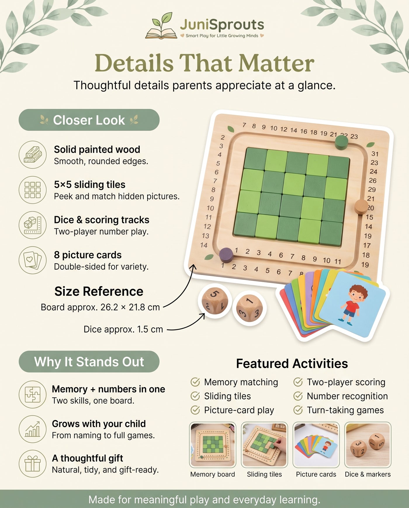 Wooden Memory Game Board details and size reference