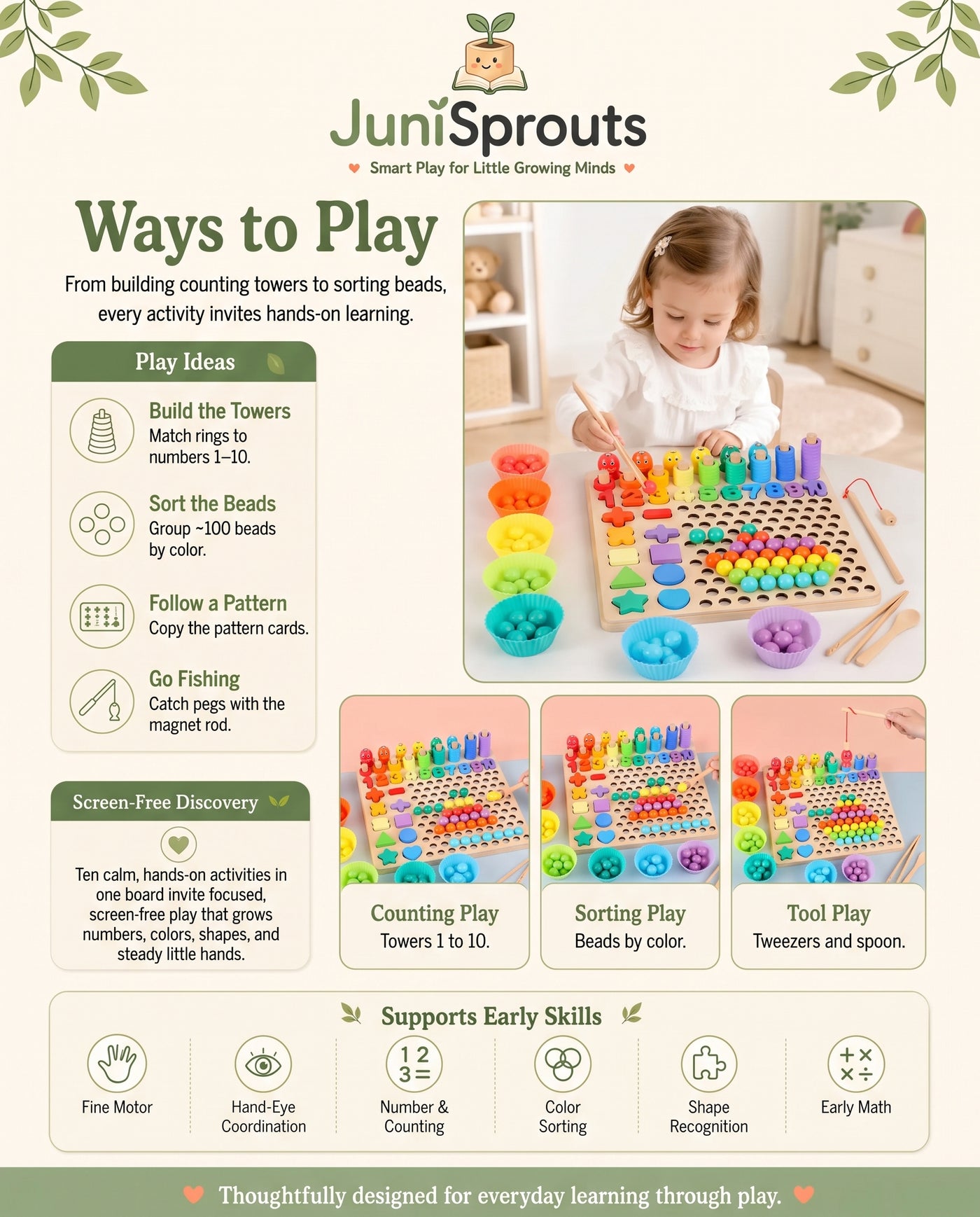 Wooden Montessori 10-in-1 Learning Board ways to play and early skills