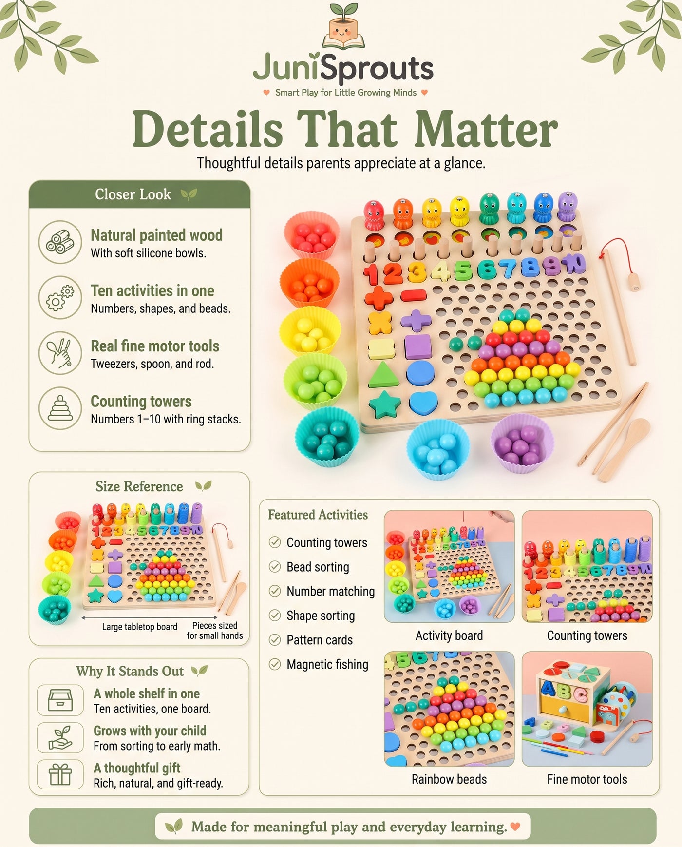 Wooden Montessori 10-in-1 Learning Board details and size reference