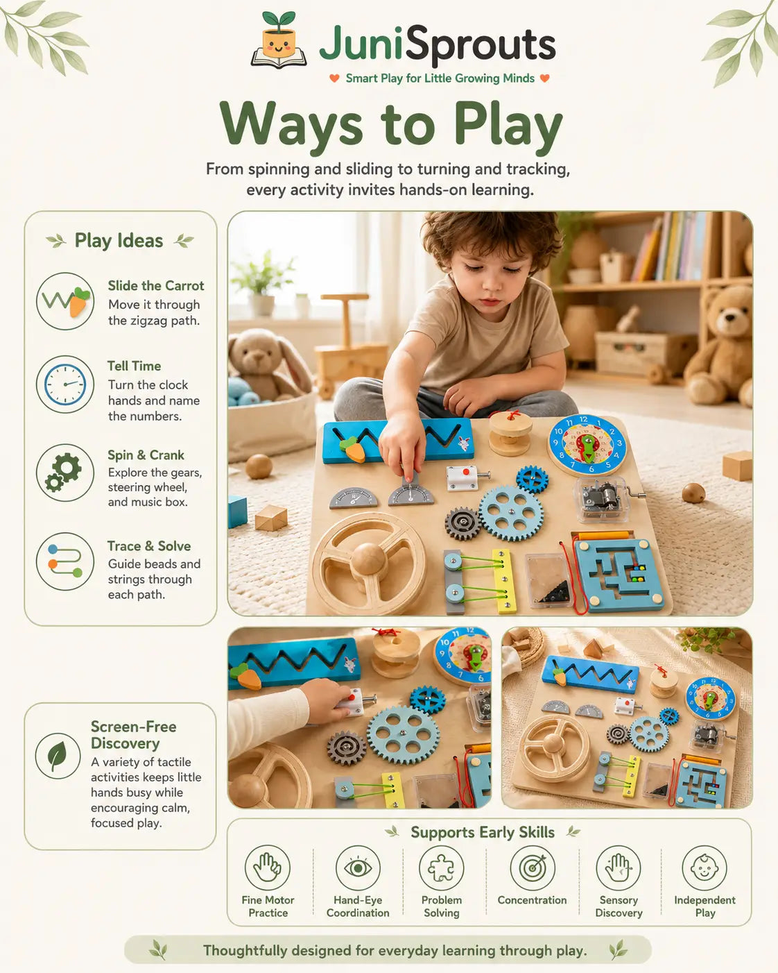 Toddler turning the gears and guiding the magnetic maze on the wooden busy board, supporting fine motor skills, focus and early STEM play, ages 2 and up.