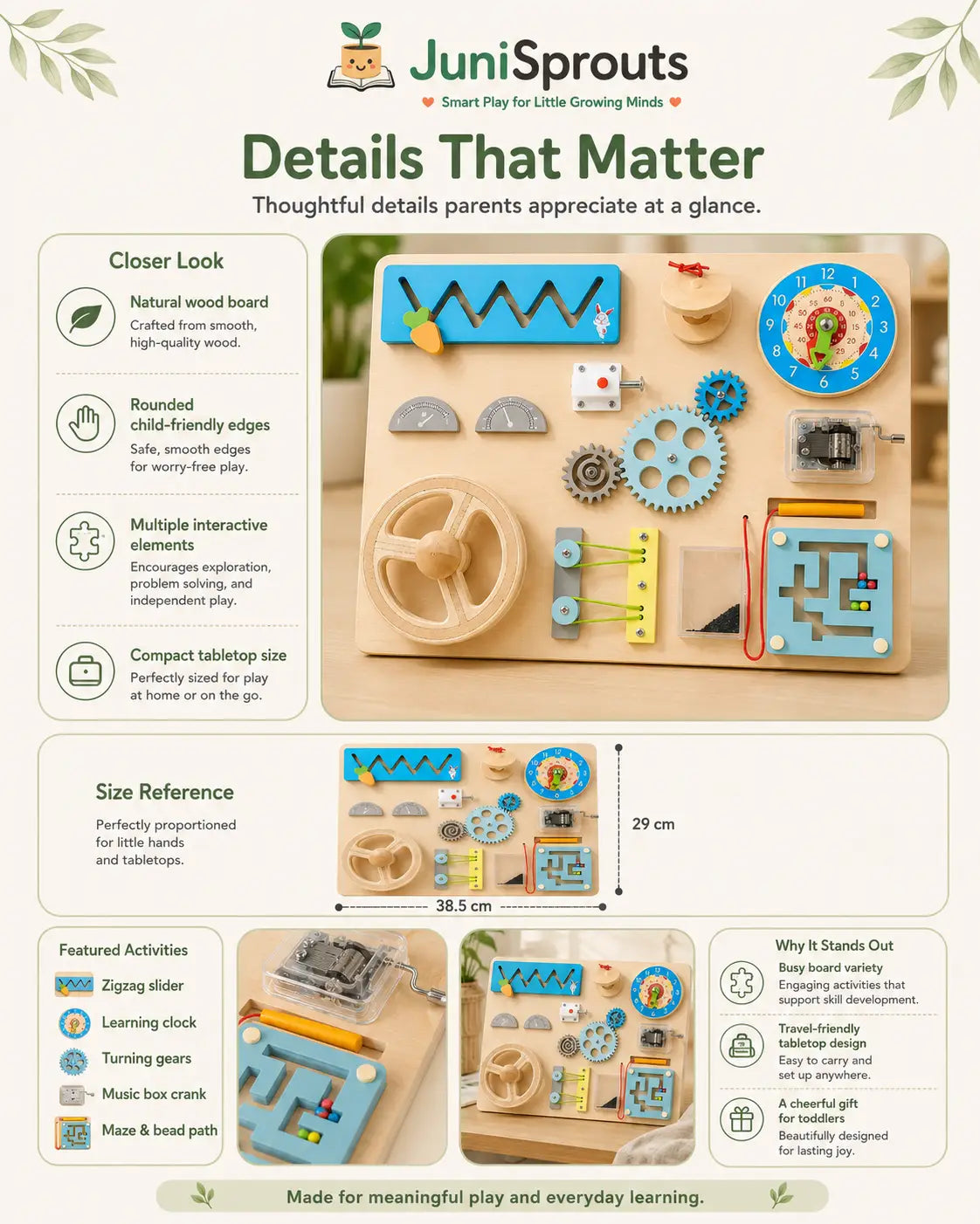 Close-up details of the wooden Montessori busy board — solid wood build, sanded edges and 11 activity stations, with care and age guidance for ages 2 and up.
