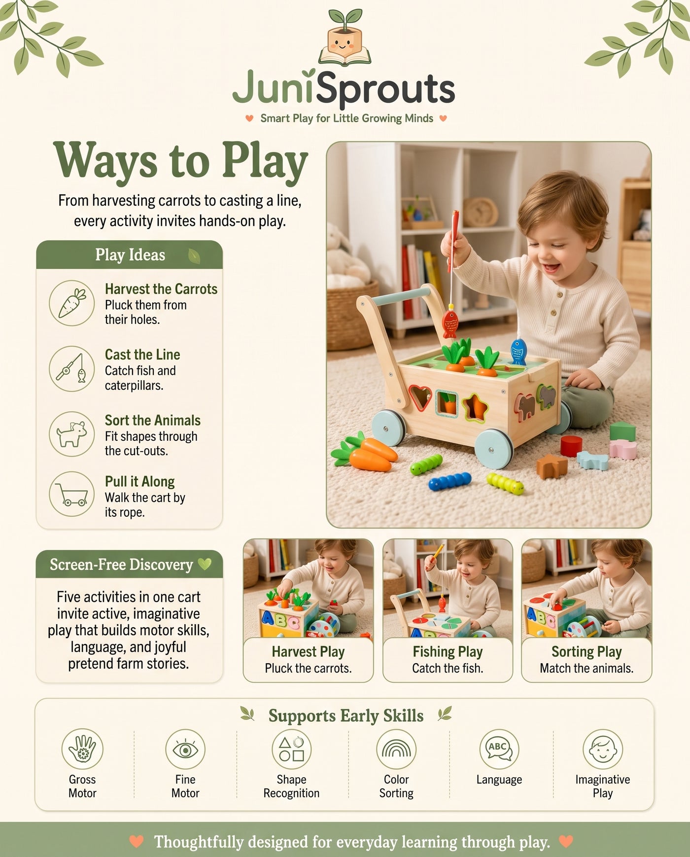 Wooden Montessori Harvest Cart ways to play and early skills