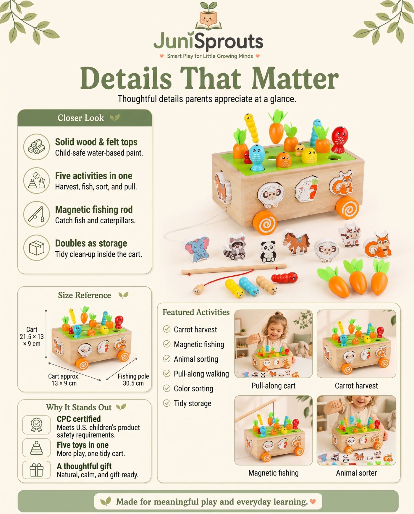 Wooden Montessori Harvest Cart details and size reference