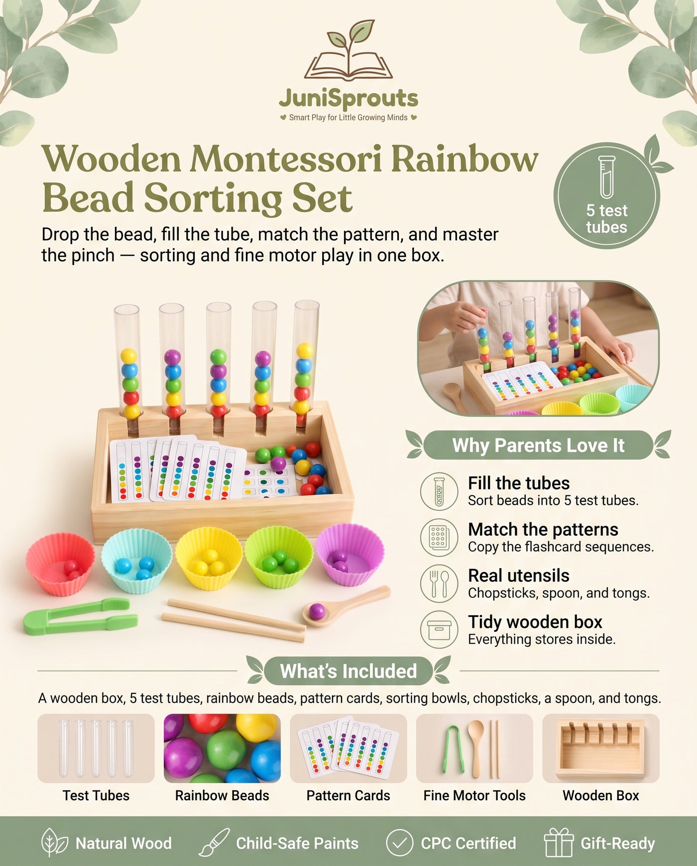 Wooden Montessori Rainbow Bead Sorting Set overview and what's included