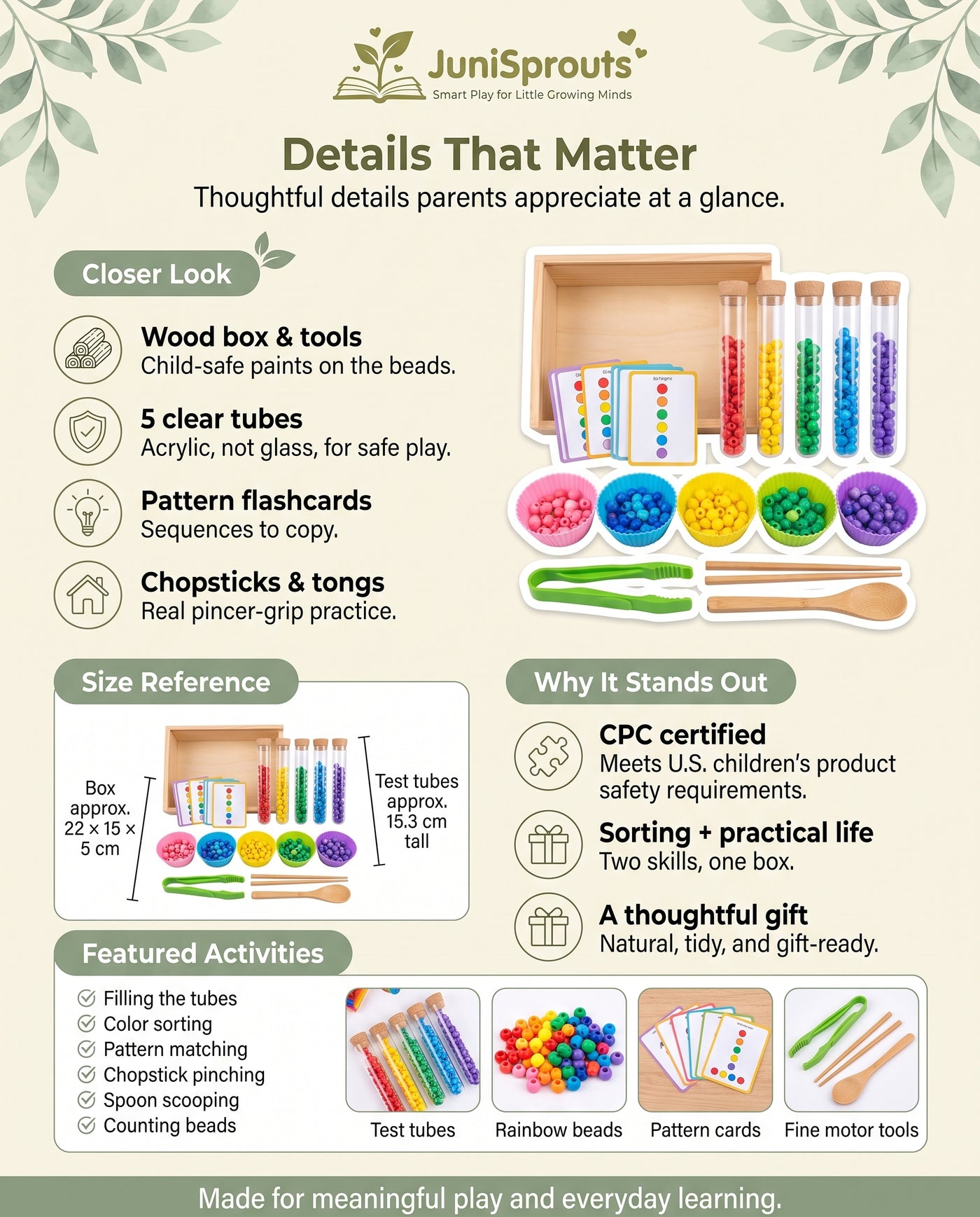 Wooden Montessori Rainbow Bead Sorting Set details and size reference