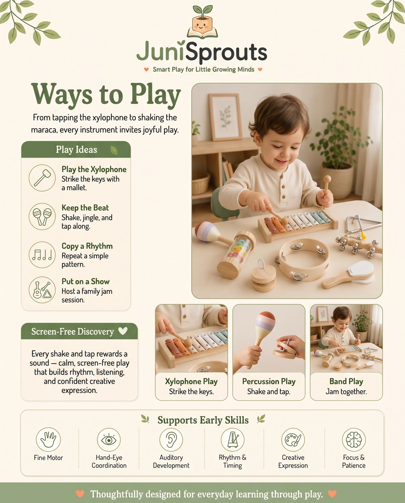 Wooden Musical Instrument Set ways to play and early skills