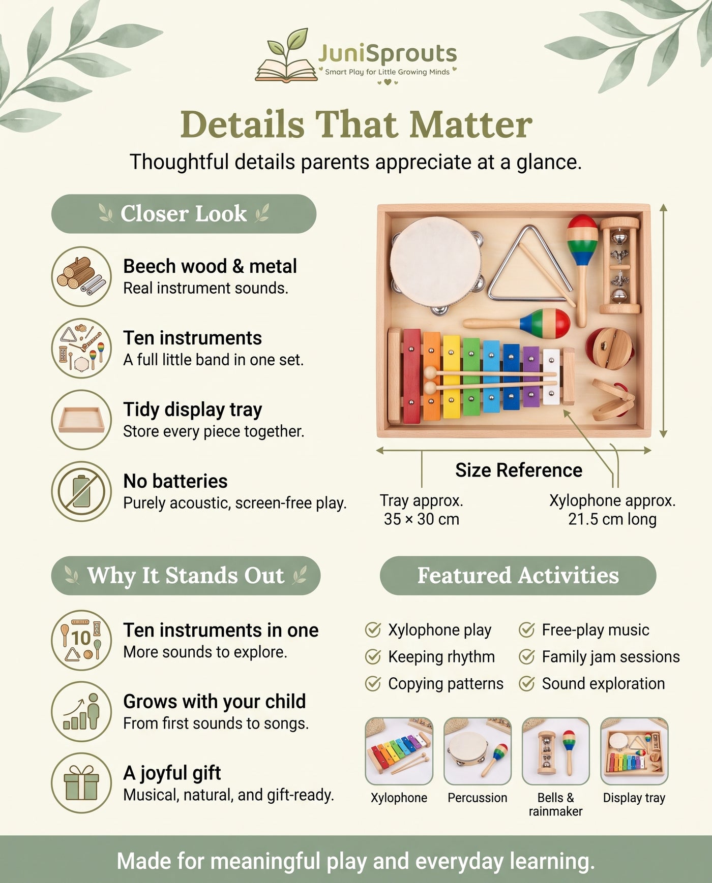 Wooden Musical Instrument Set details and size reference