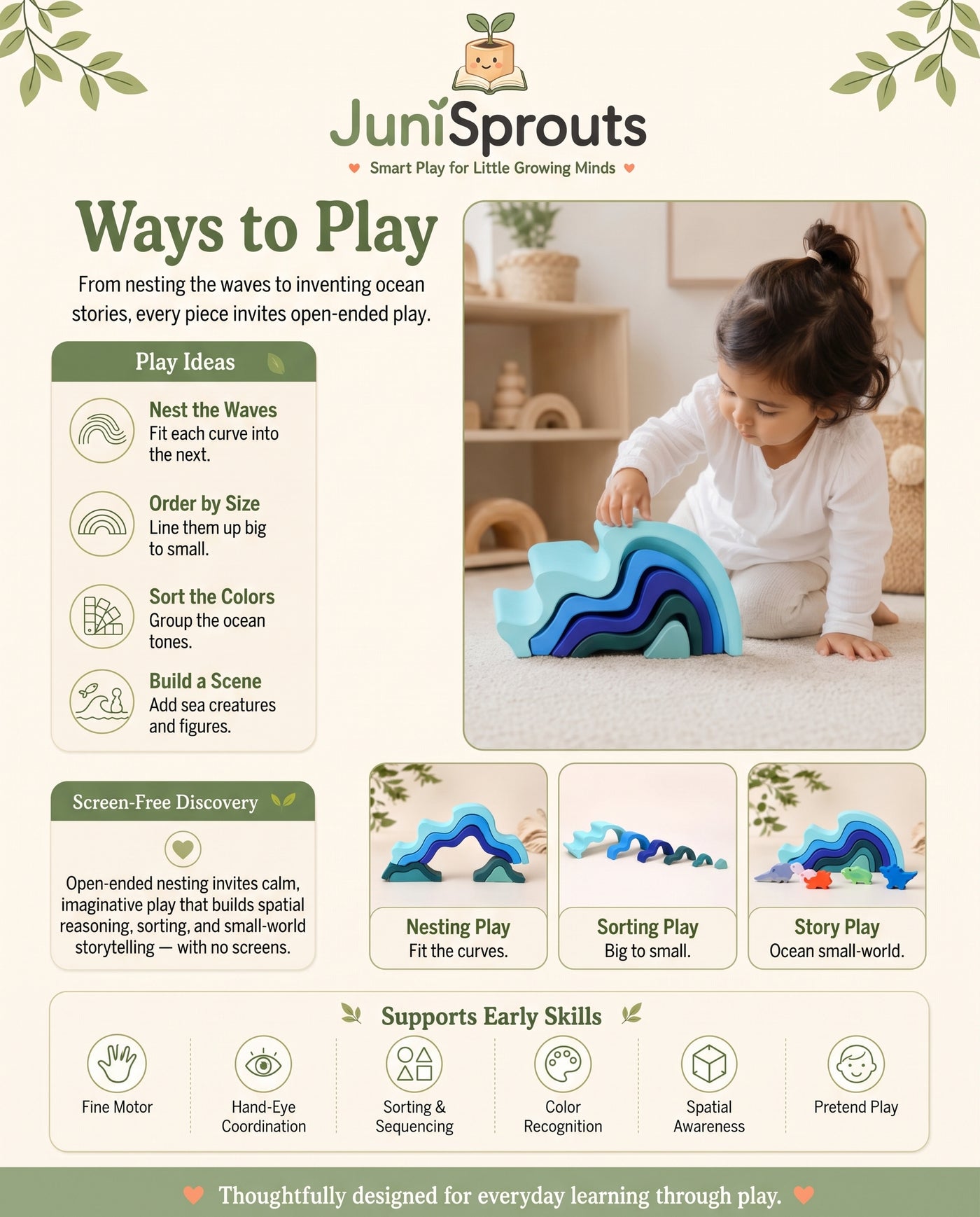 Wooden Ocean Wave Stacker ways to play and early skills