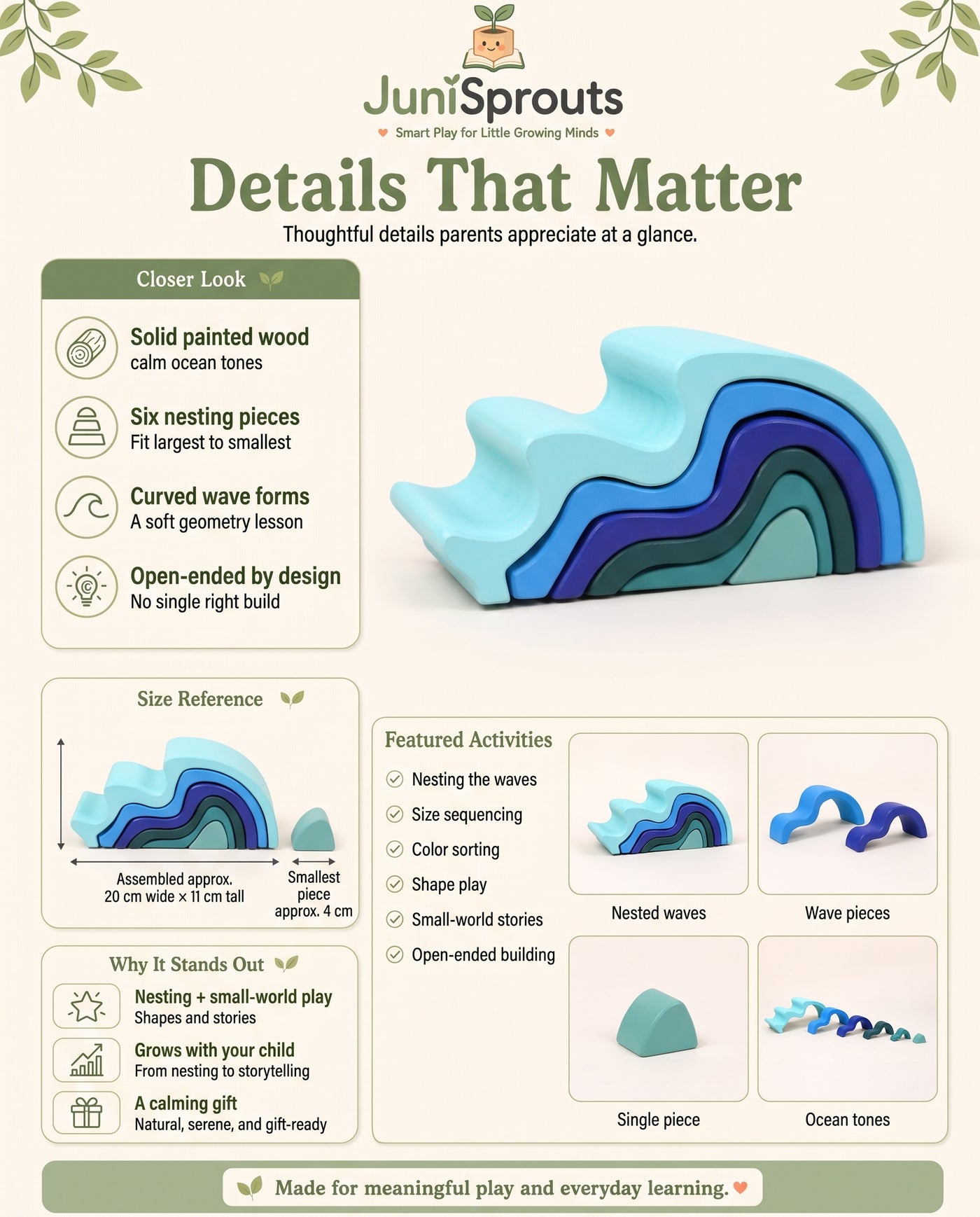 Wooden Ocean Wave Stacker details and size reference