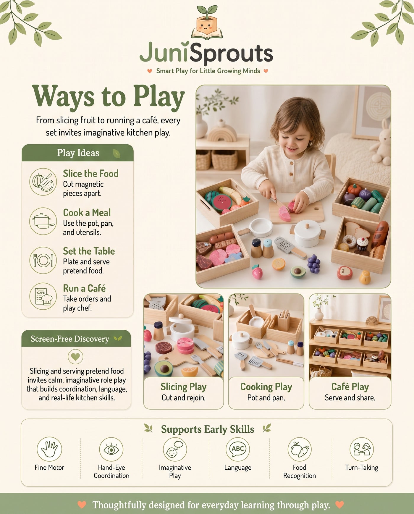 Wooden Play Food Set ways to play and early skills