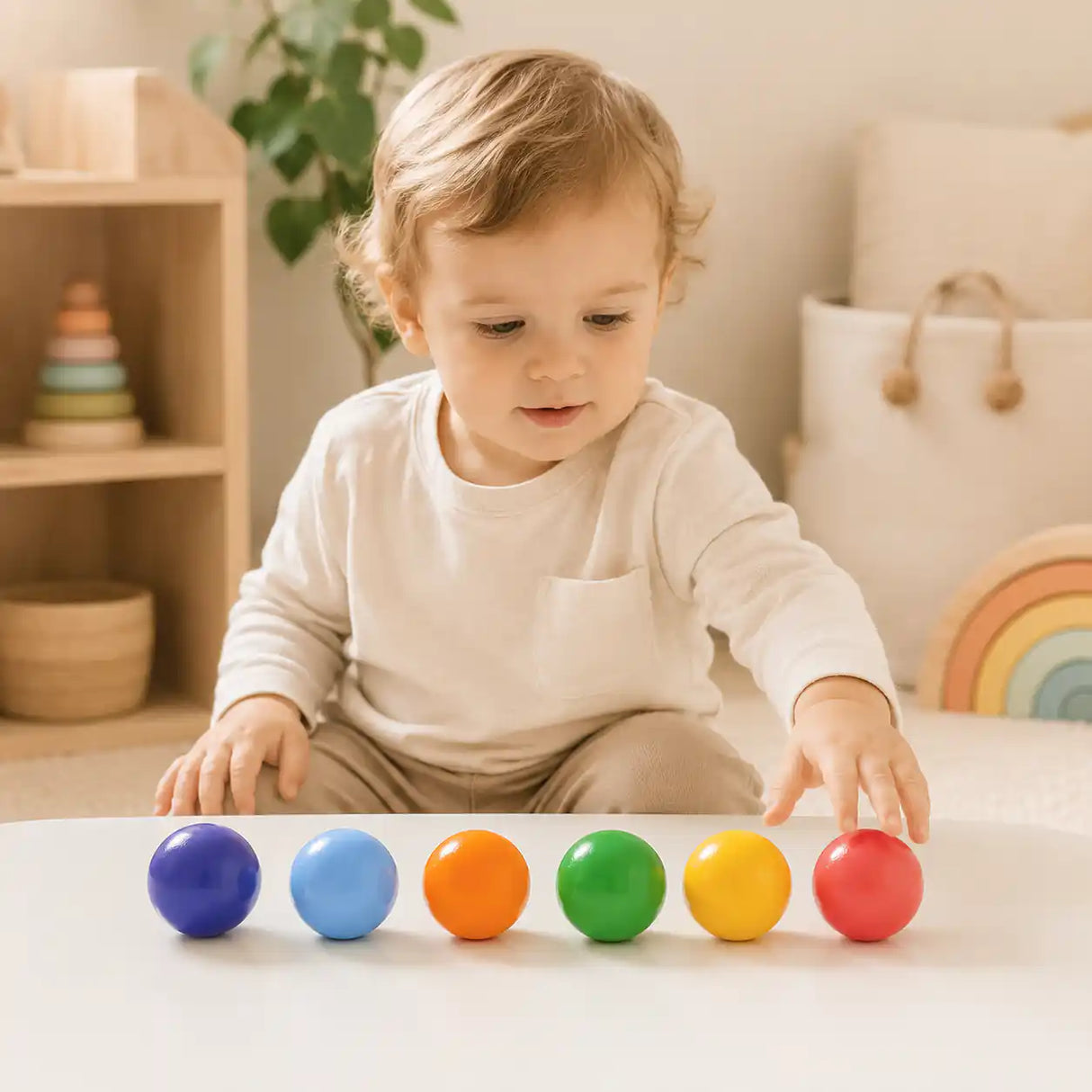 Wooden rainbow balls collected in a soft wooden bowl on a cream surface