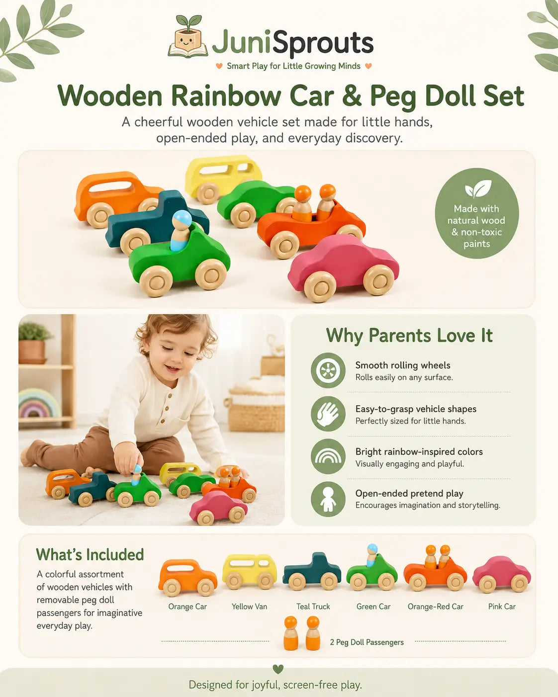 Wooden rainbow car and peg doll set with 7 painted wooden vehicles and 3 peg doll friends, a Montessori pretend play toy for ages 2 and up.